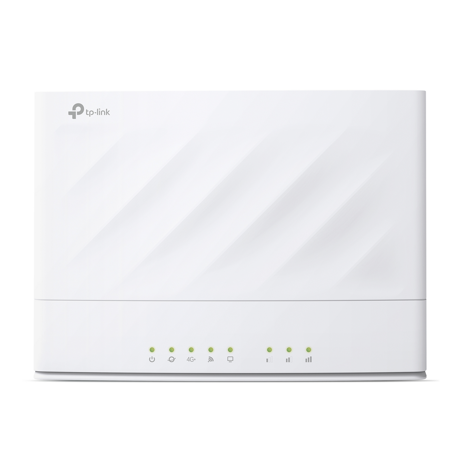 Un enrutador inalámbrico TP-Link blanco con luces indicadoras LED verdes en el frente sobre fondo claro.
