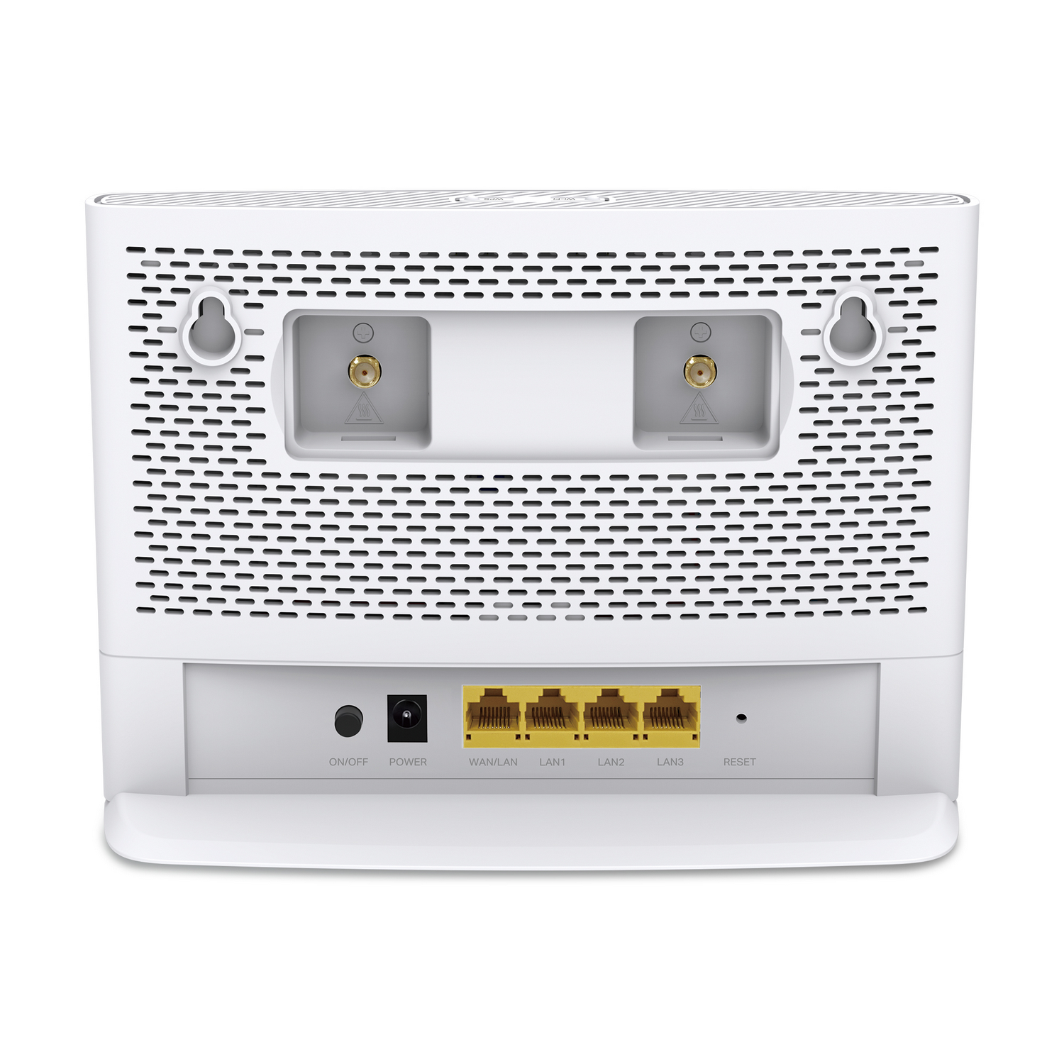 Parte trasera de un router Wi-Fi blanco con ranuras de ventilación, conectores de antena, puertos LAN amarillos y toma de corriente.