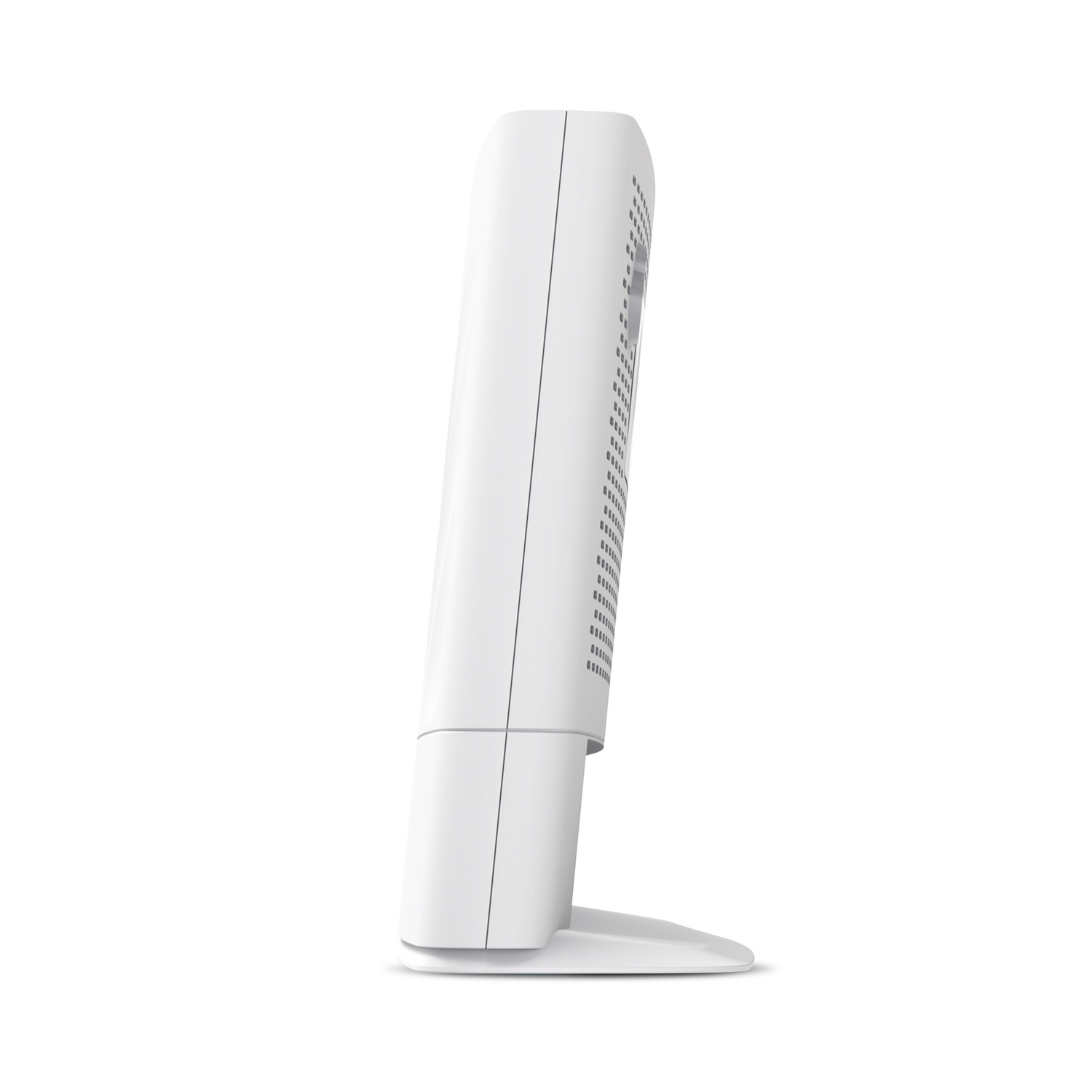 Un router Wi-Fi blanco y delgado se encuentra en posición vertical sobre una base redonda.