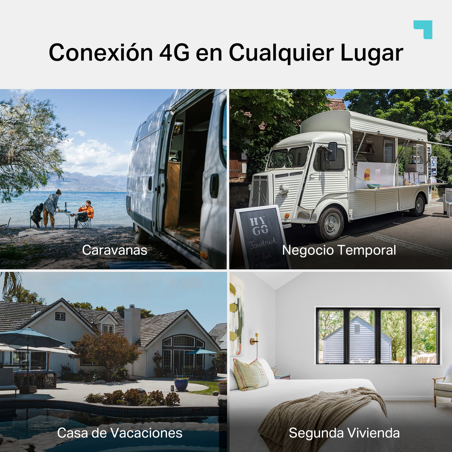 Cuatro imágenes muestran furgonetas, un camión de comida, una casa con piscina y un dormitorio.