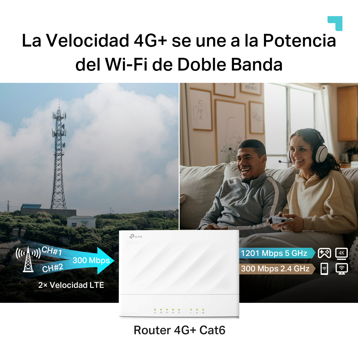 Un router 4G+ blanco con gráficos de torre celular y Wi-Fi de doble banda, y una pareja jugando.