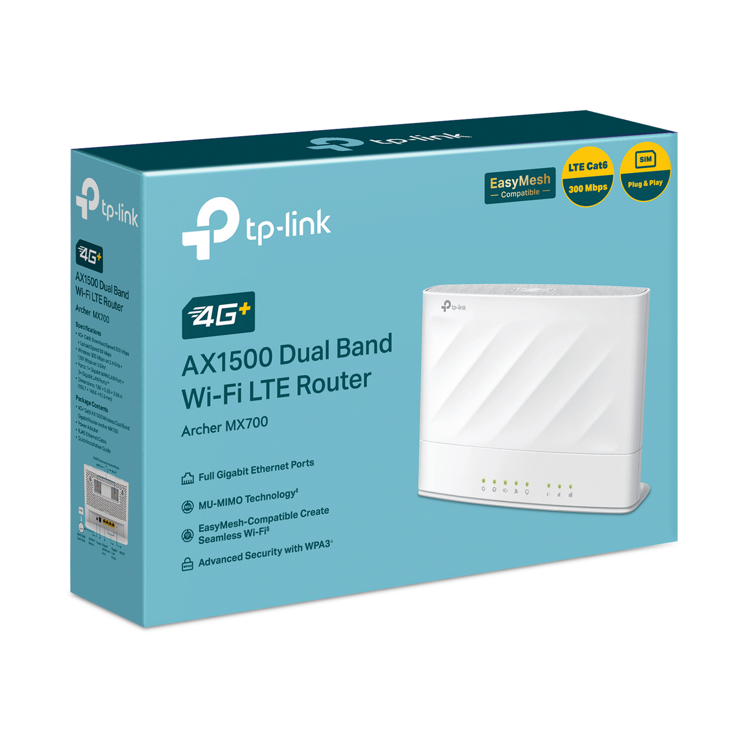 Caja de producto azul del router Wi-Fi LTE de doble banda TP-Link AX1500 con dispositivo blanco.