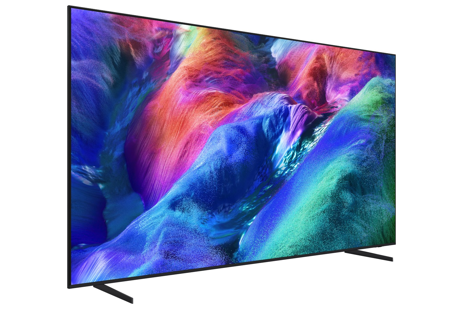 Un televisor delgado que muestra un fondo colorido abstracto y vibrante de azul, rojo, morado y verde en su pantalla.