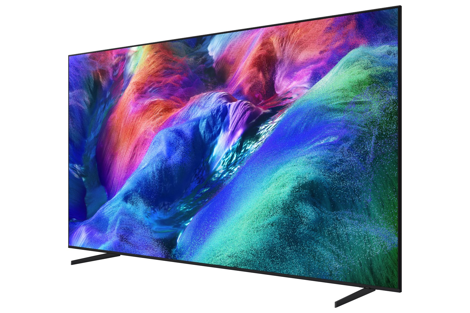 Un televisor elegante con un fondo abstracto vibrante y colorido en su pantalla.