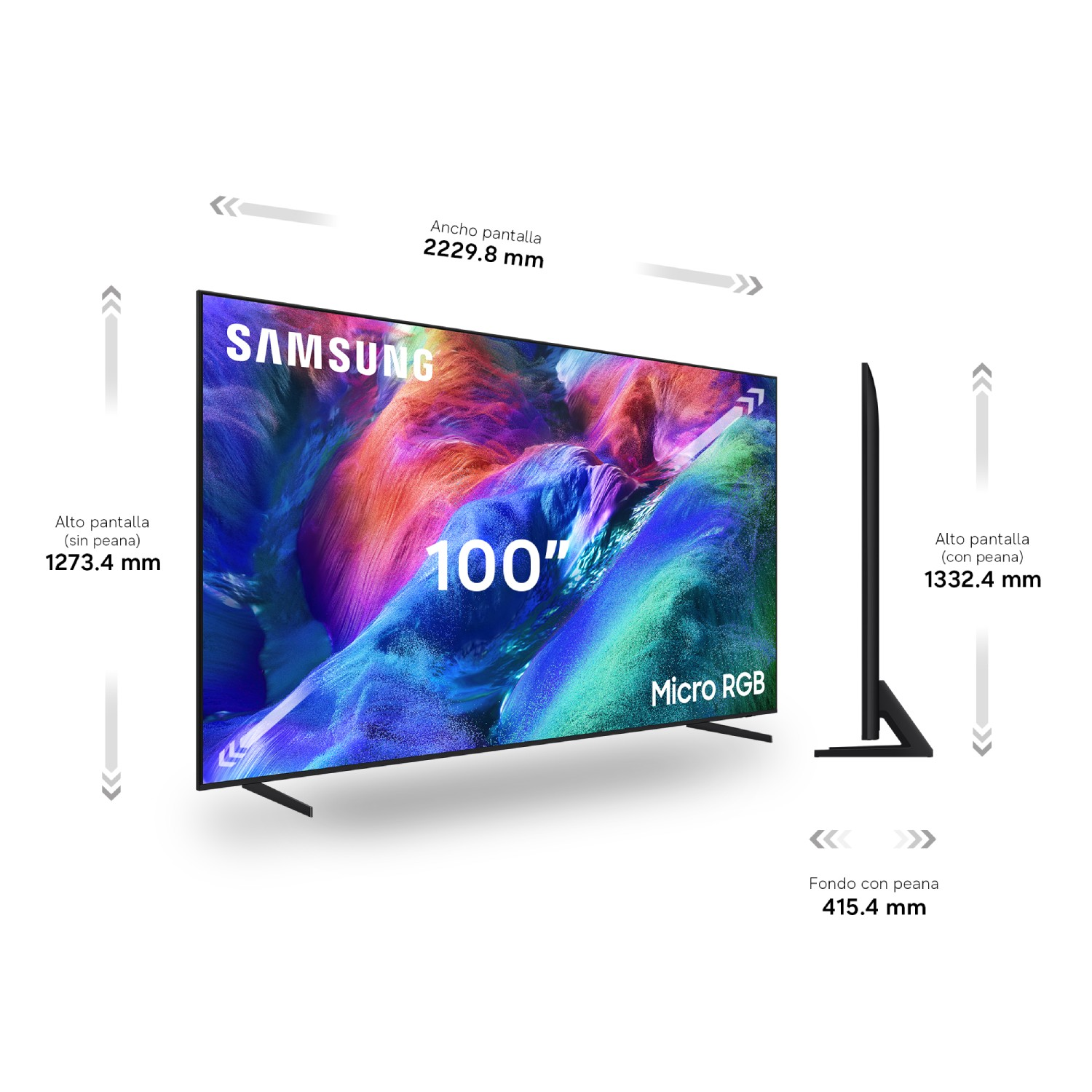 Diagrama que muestra las dimensiones de un televisor Samsung de 100 pulgadas con vistas frontal y lateral.