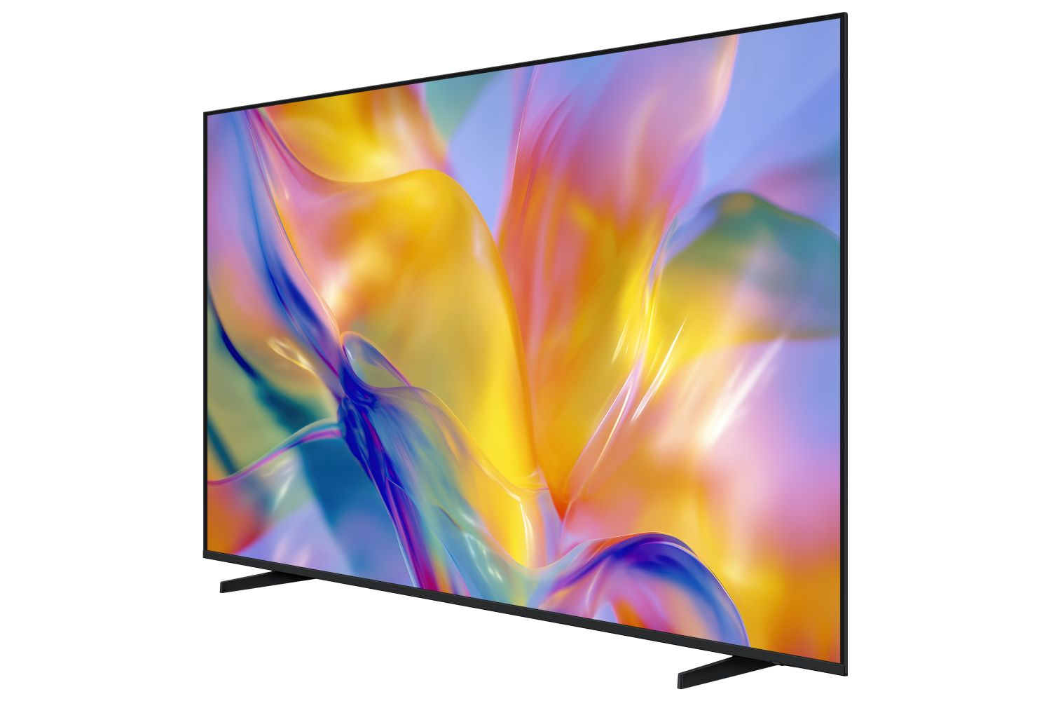 Un televisor delgado con un degradado abstracto y colorido en su pantalla descansa sobre una superficie blanca.