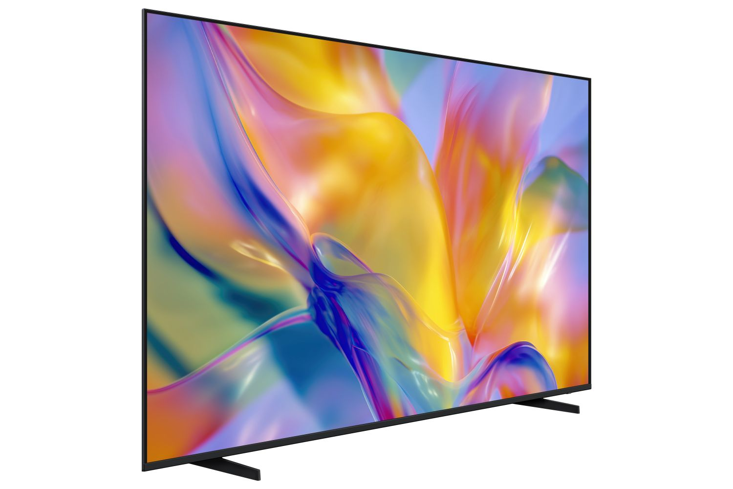 Un televisor elegante muestra una imagen abstracta y colorida con tonos amarillos, azules y morados.
