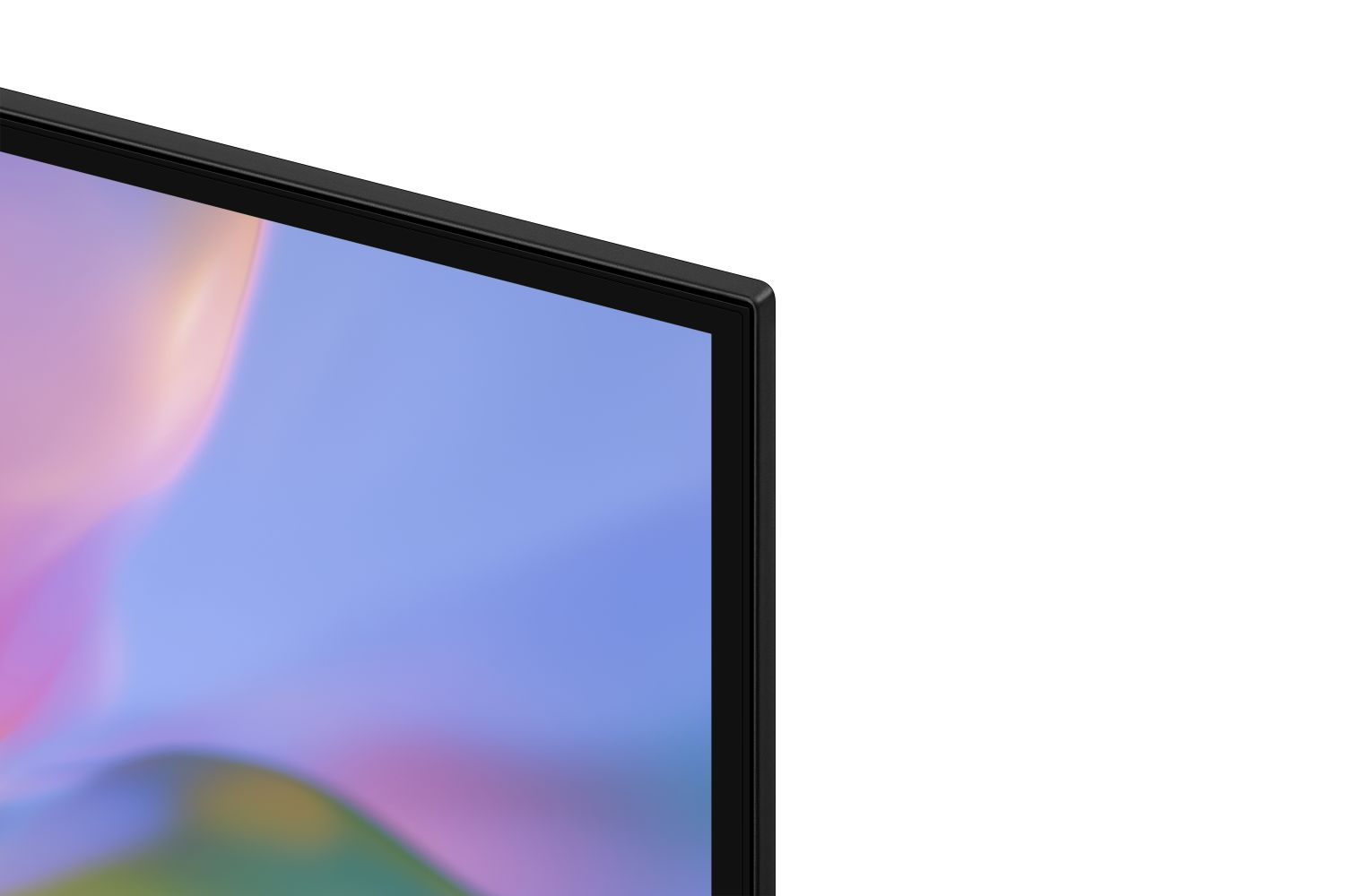 Primer plano de la esquina superior derecha de un televisor de pantalla plana con marco negro y una imagen abstracta.