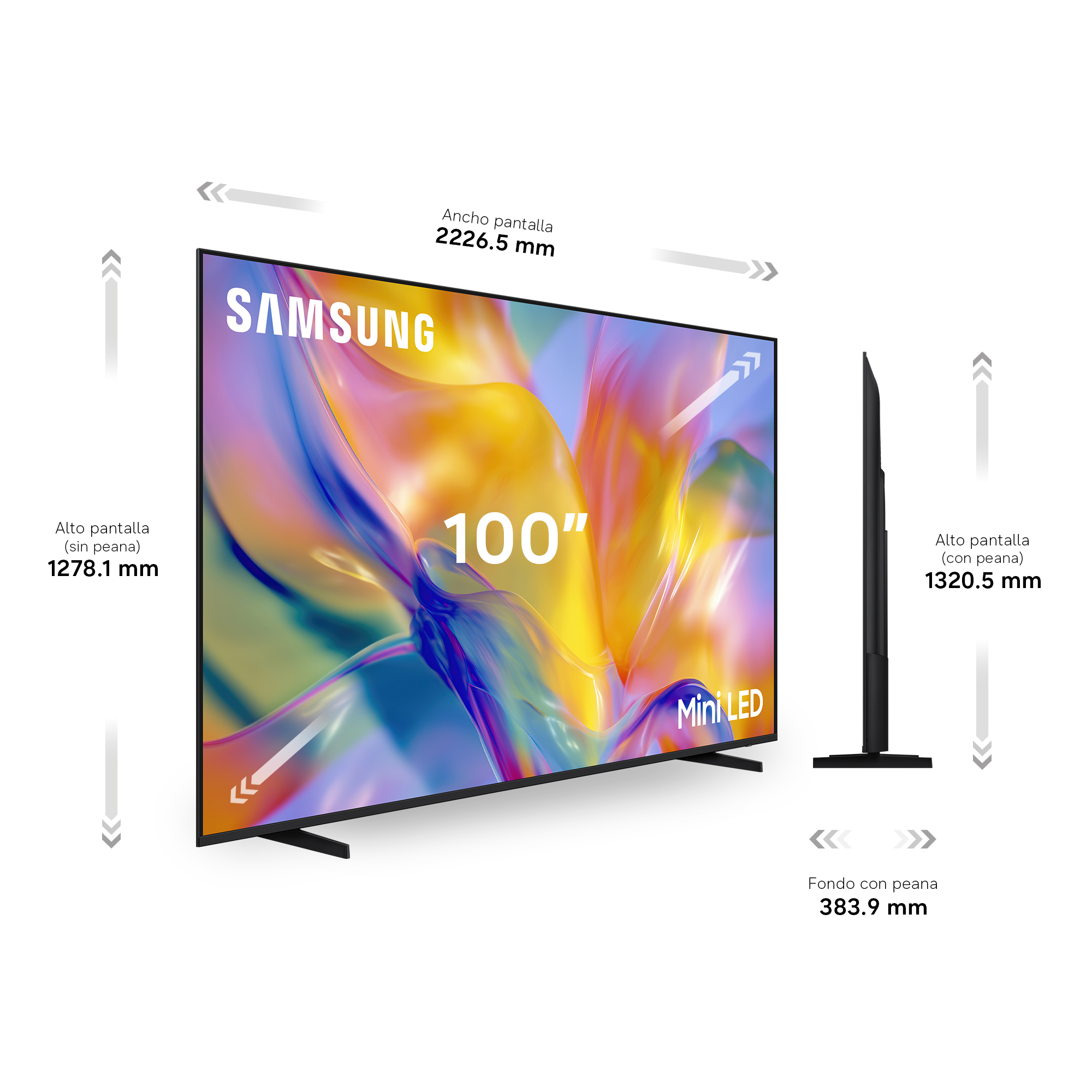 Diagrama de un televisor Samsung Mini LED de 100 pulgadas con medidas en mm de ancho, alto y fondo.