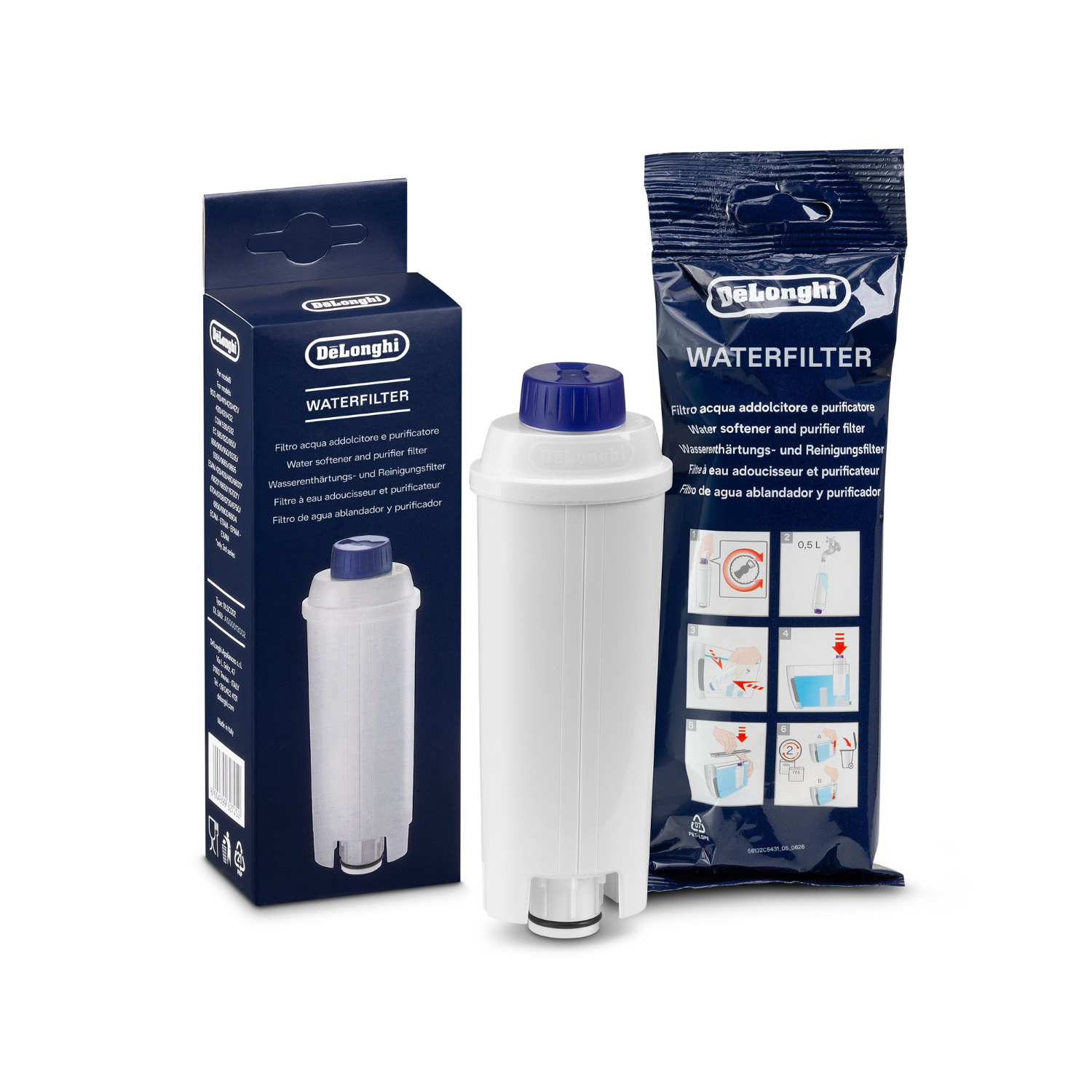 Filtro de agua De'Longhi con envase azul e instrucciones sobre fondo blanco.