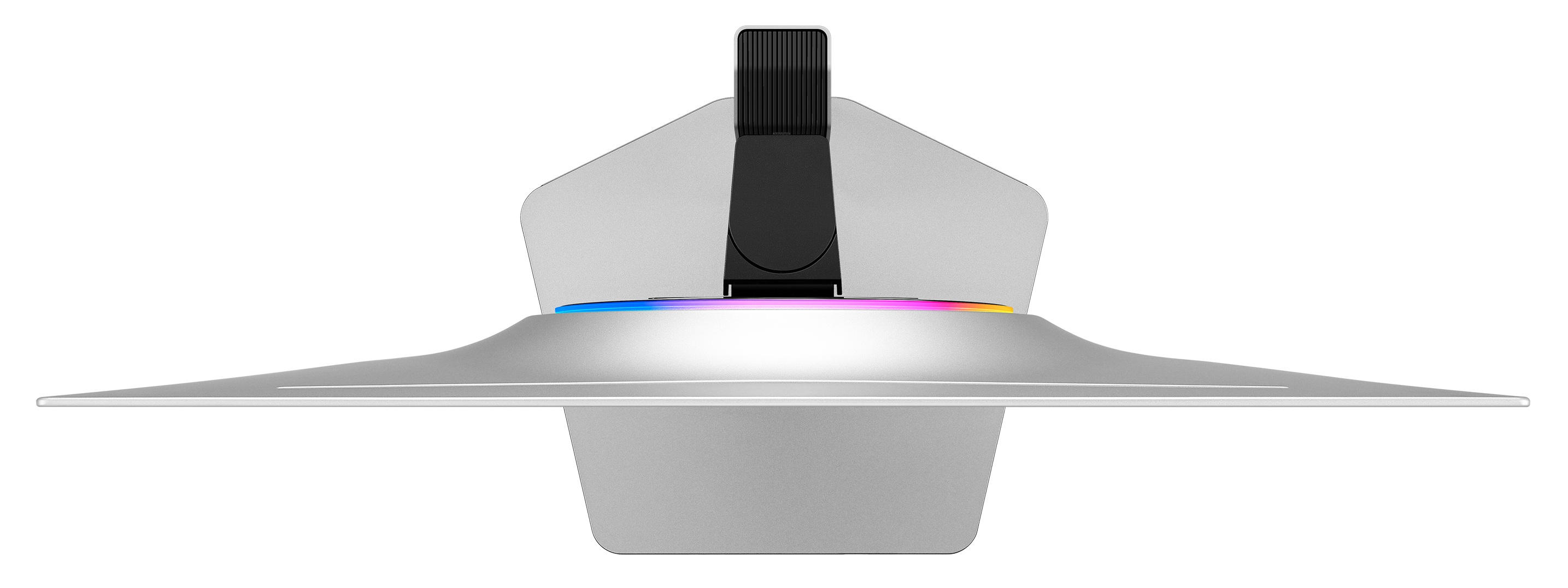 Widok od dołu srebrnego monitora komputerowego z centralną czarną podstawą i kolorowym oświetleniem RGB.
