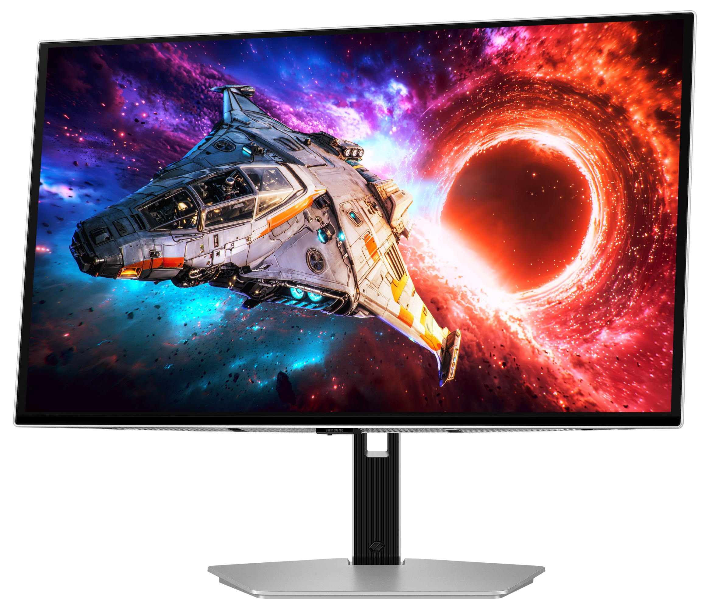 Biały monitor Samsung wyświetla statek kosmiczny na tle kolorowej mgławicy i świecącej spirali.