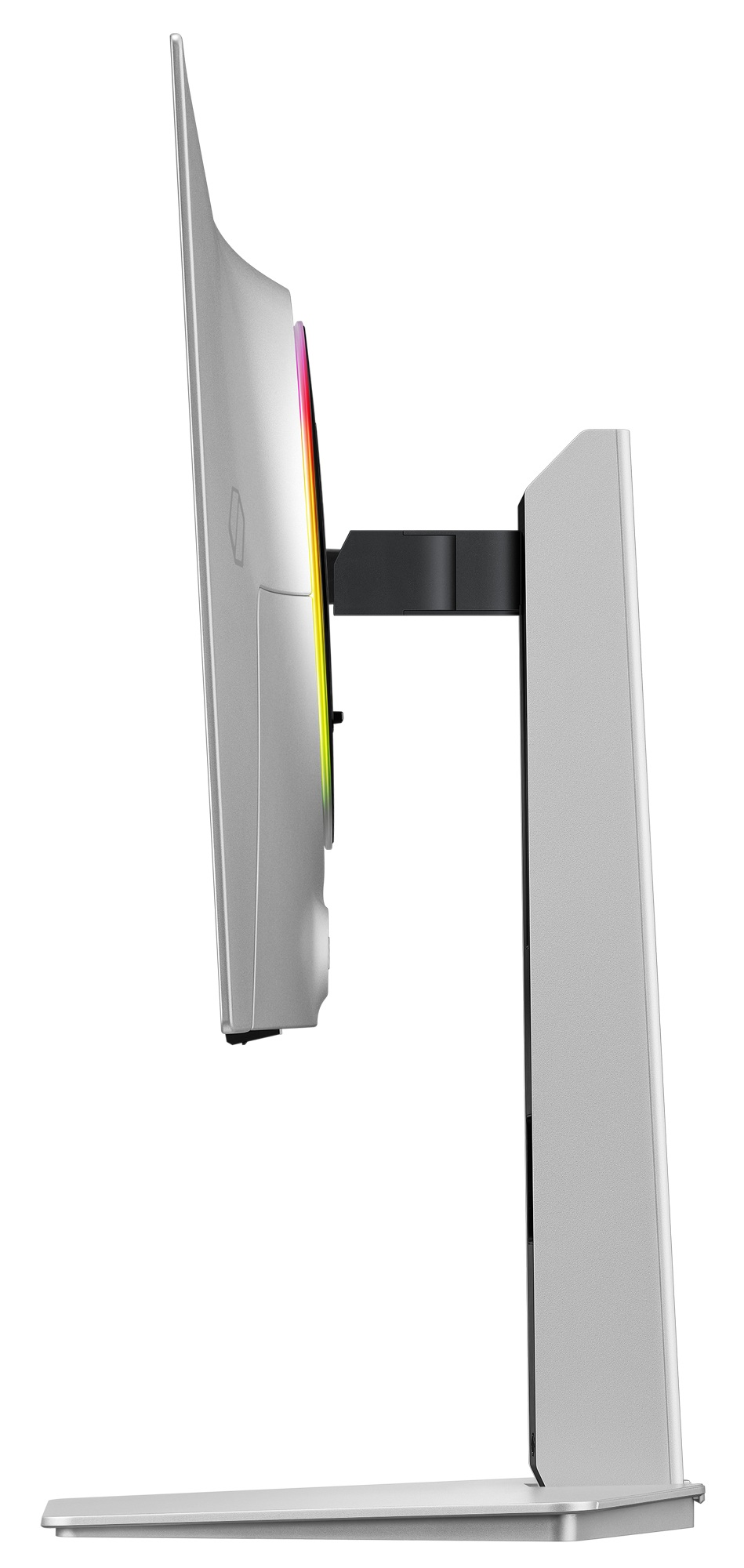 Widok z boku srebrnego monitora komputerowego na stojaku z podświetleniem RGB.