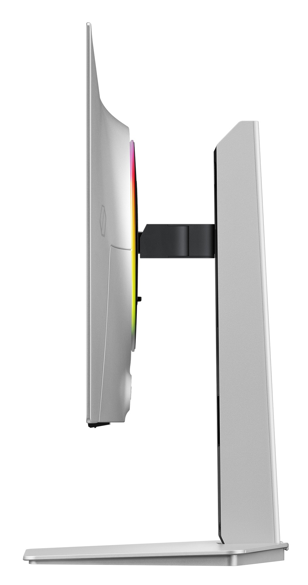 Widok z boku srebrnego monitora na stojaku z okrągłym, wielokolorowym światłem RGB z tyłu.