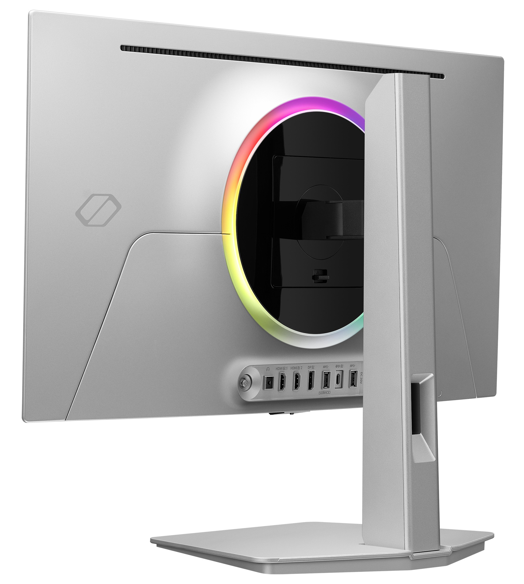 Widok z tyłu srebrnego monitora komputerowego z podświetlanym pierścieniem RGB i różnymi portami.
