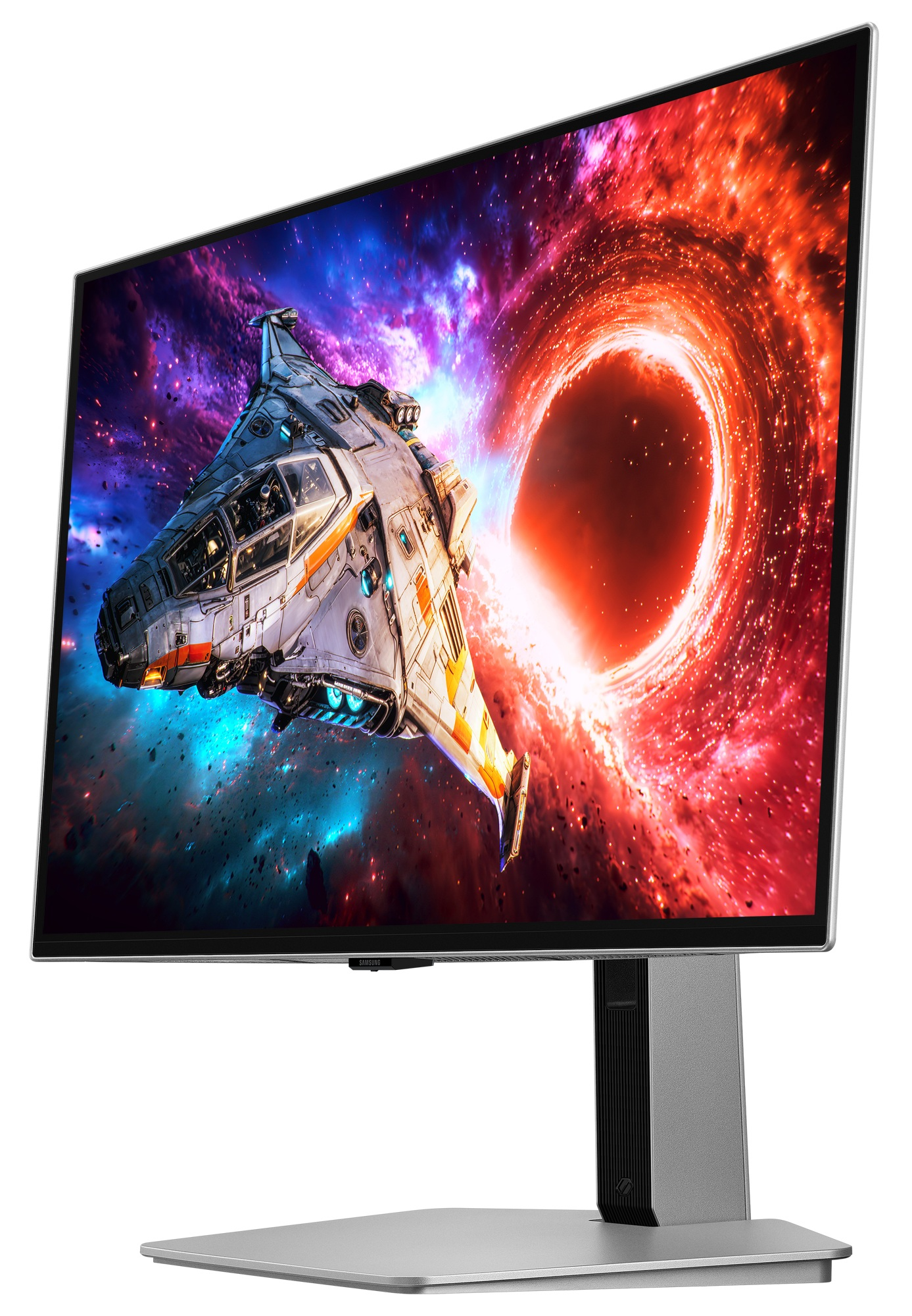 Zakrzywiony monitor Samsung wyświetla scenę statku kosmicznego na tle czerwonej i niebieskiej galaktyki.