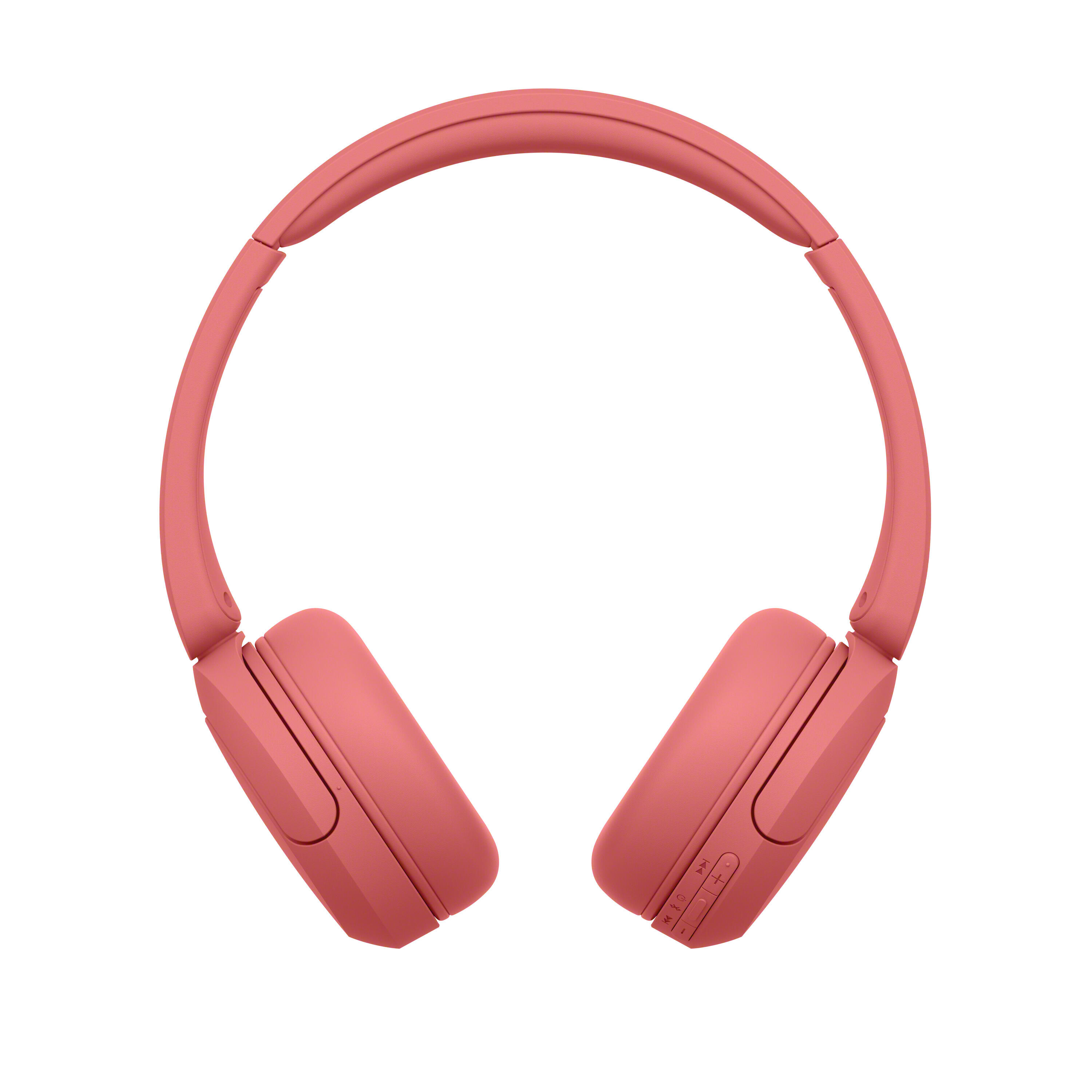 Auriculares supraaurales rojos con botones de control en la copa derecha sobre fondo blanco.