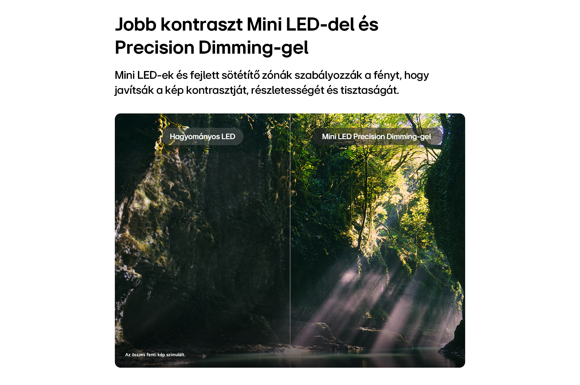 Két kép összehasonlítása: balra sötét hagyományos LED, jobbra világos mini LED kijelző.