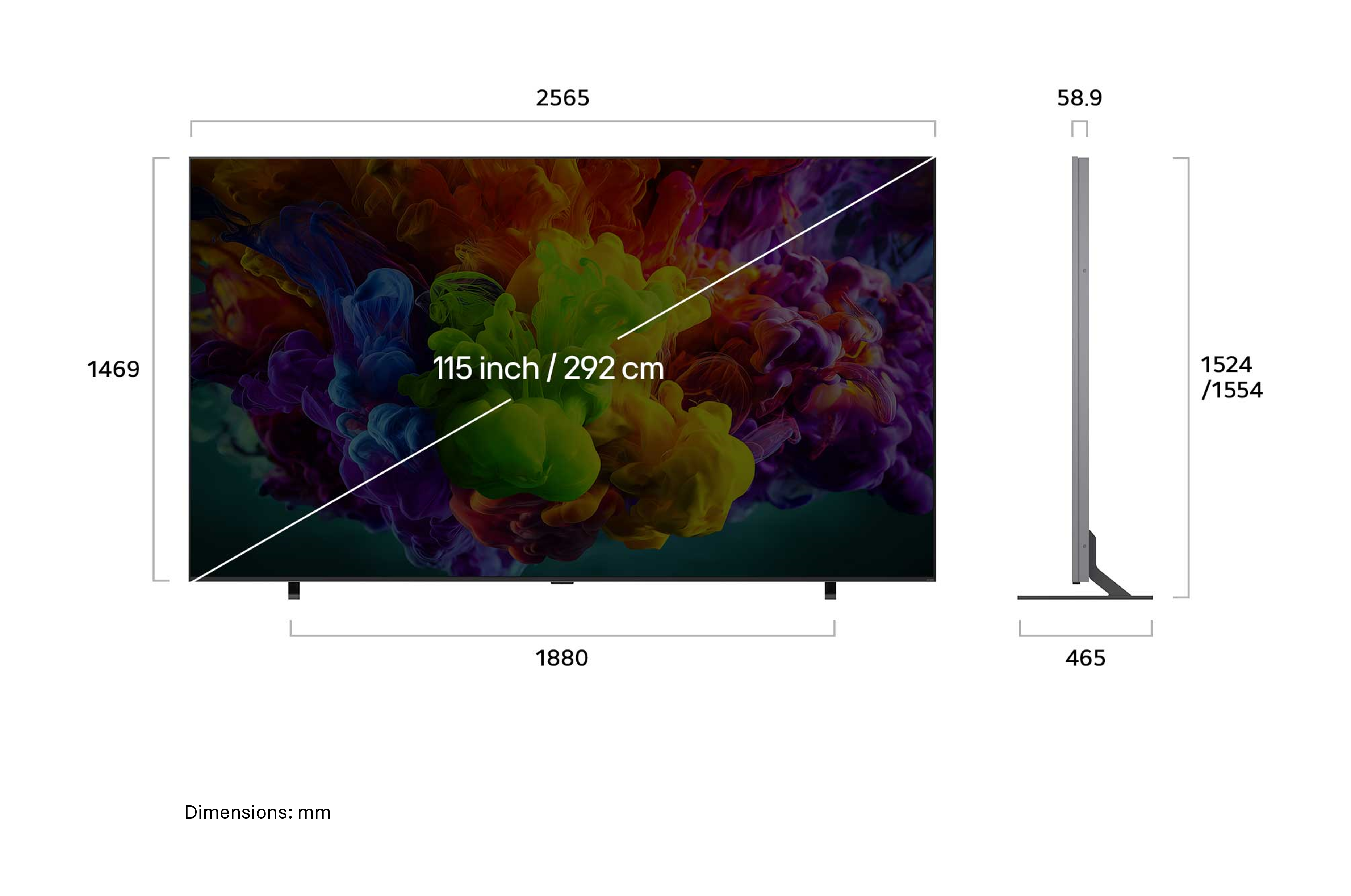 Diagram egy 115 hüvelykes televízió méreteiről milliméterben.