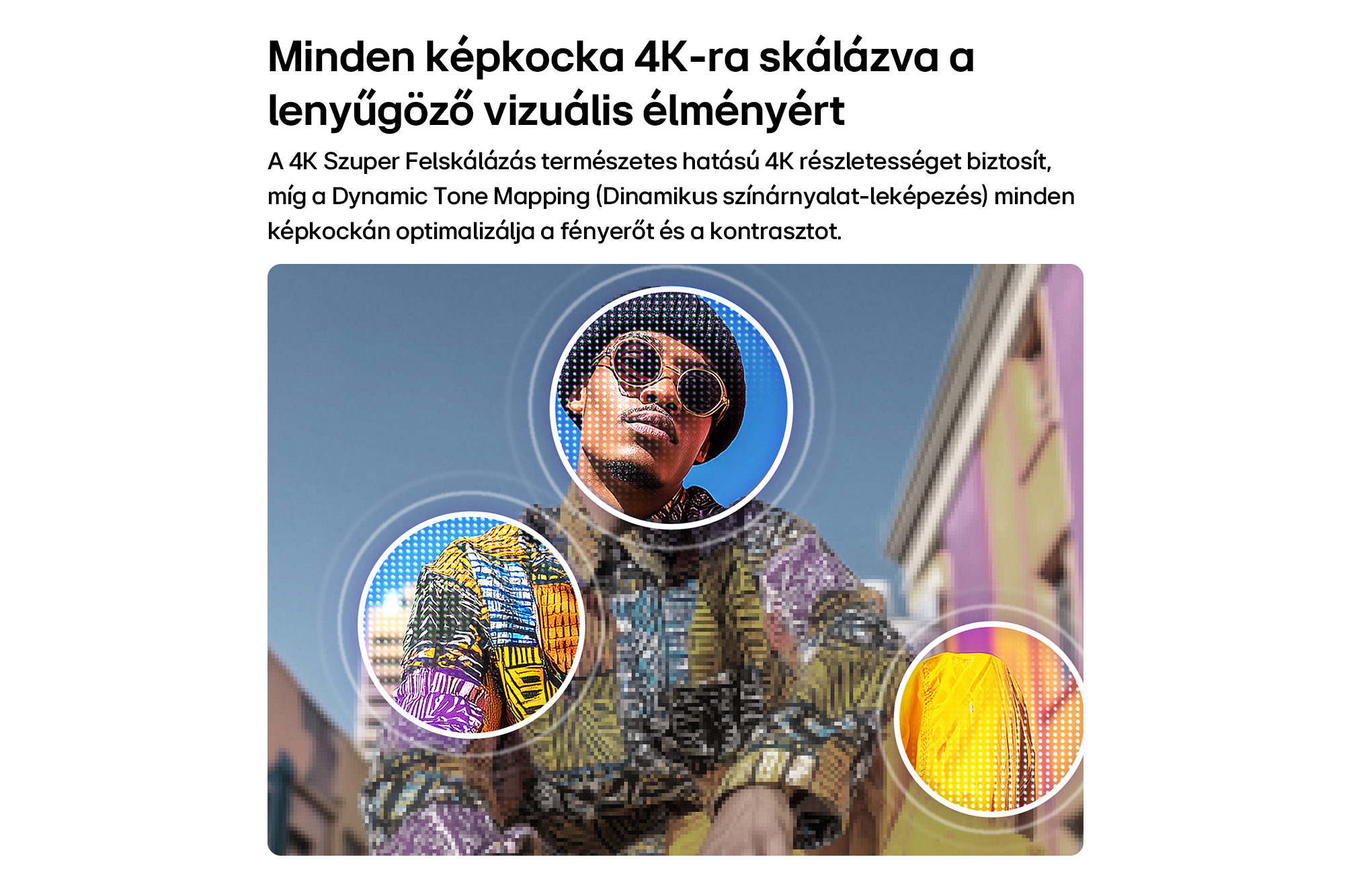 Férfi kalapban és napszemüvegben, kör alakú kinagyításokkal a pixeles és színes részletekért.