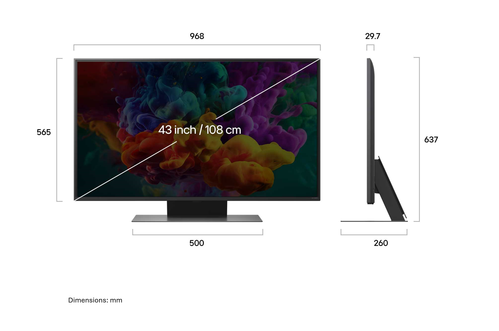 A diagram egy 43 hüvelykes televízió méreteit mutatja milliméterben elölről és oldalról.