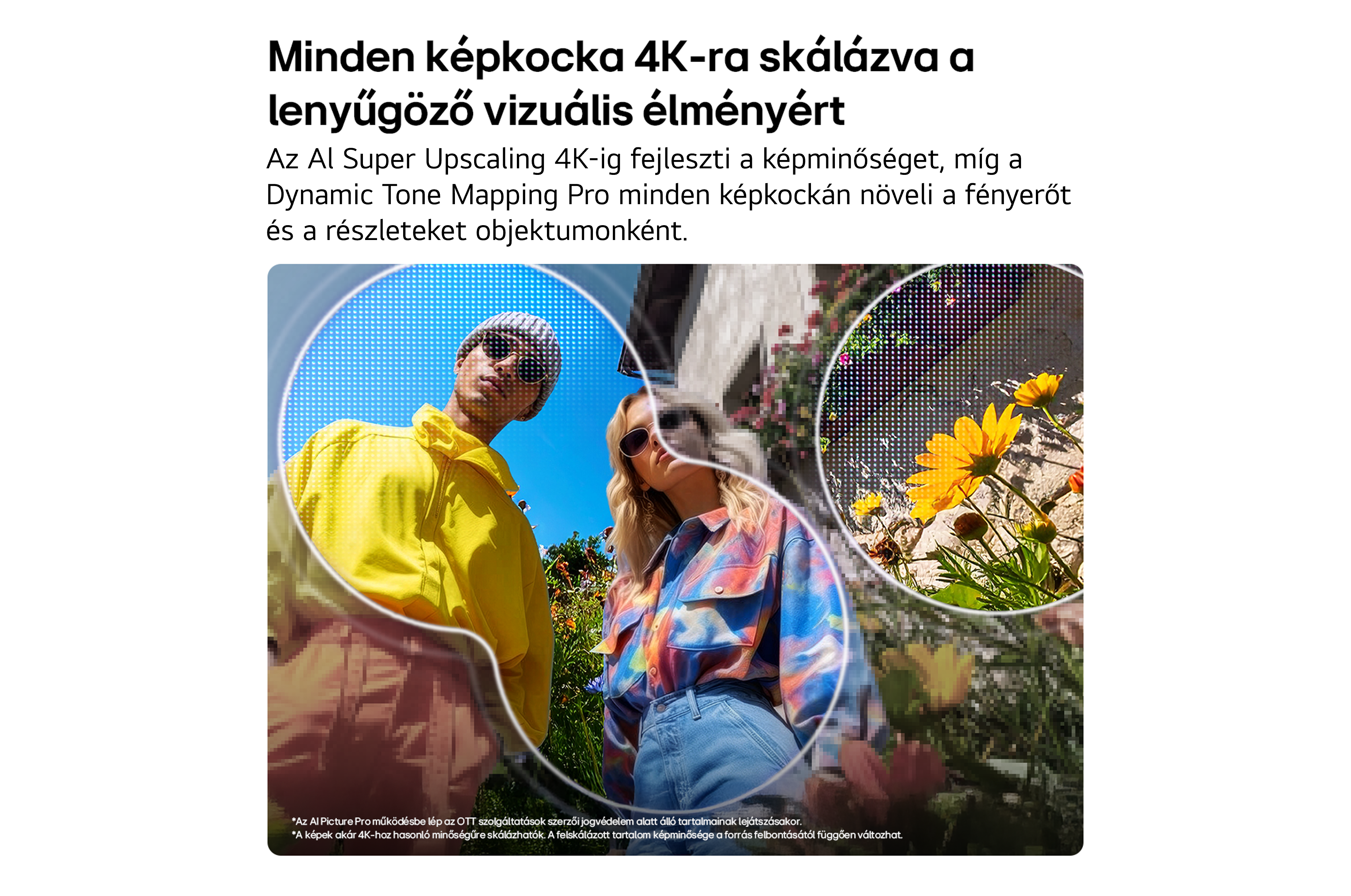 Két embert és pixeles nagyítókat mutató hirdetés, amelyek a tisztaságot és sárga virágokat emelik ki.