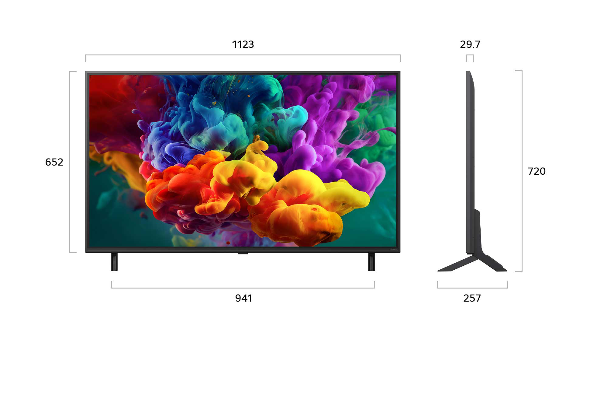 Diagram a televízió milliméterben megadott méreteiről, elülső és oldalsó nézettel.