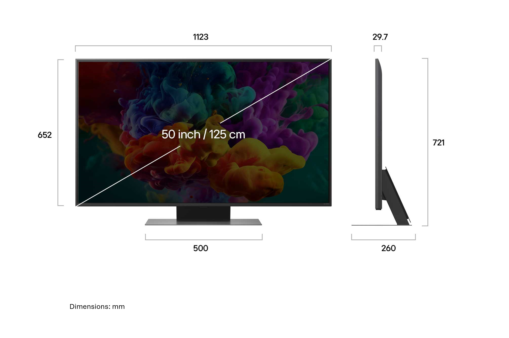 Diagram egy 50 hüvelykes televízió milliméterben megadott méreteiről, elülső és oldalsó nézettel.