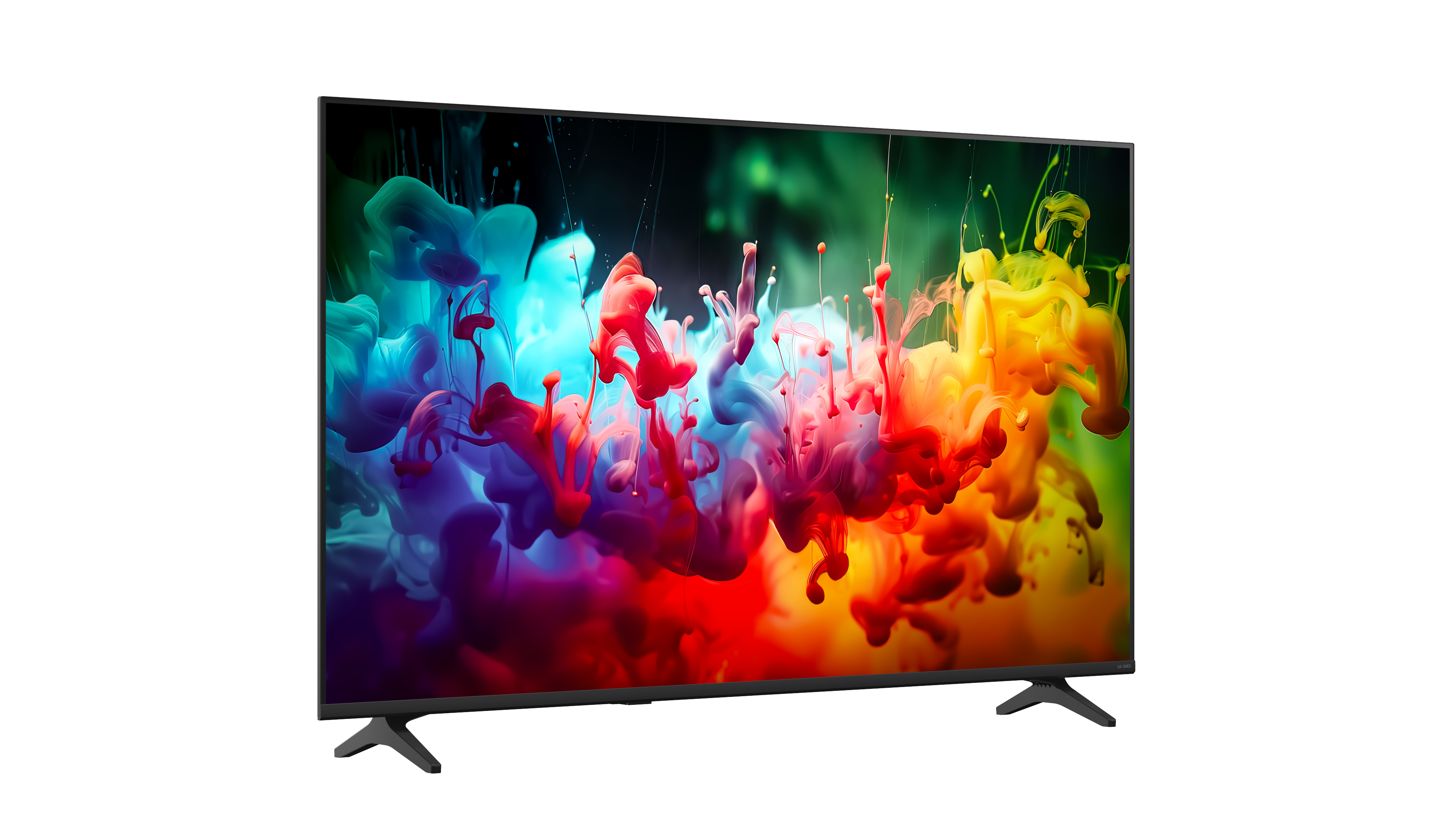 Egy modern síkképernyős TV fehér háttéren színes, örvénylő tintát ábrázoló absztrakt képet mutat.
