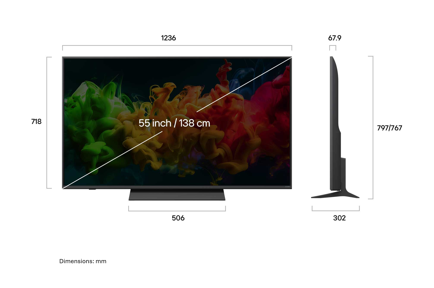 Diagram egy 55 hüvelykes tévé méreteiről milliméterben, elöl- és oldaltnézettel.