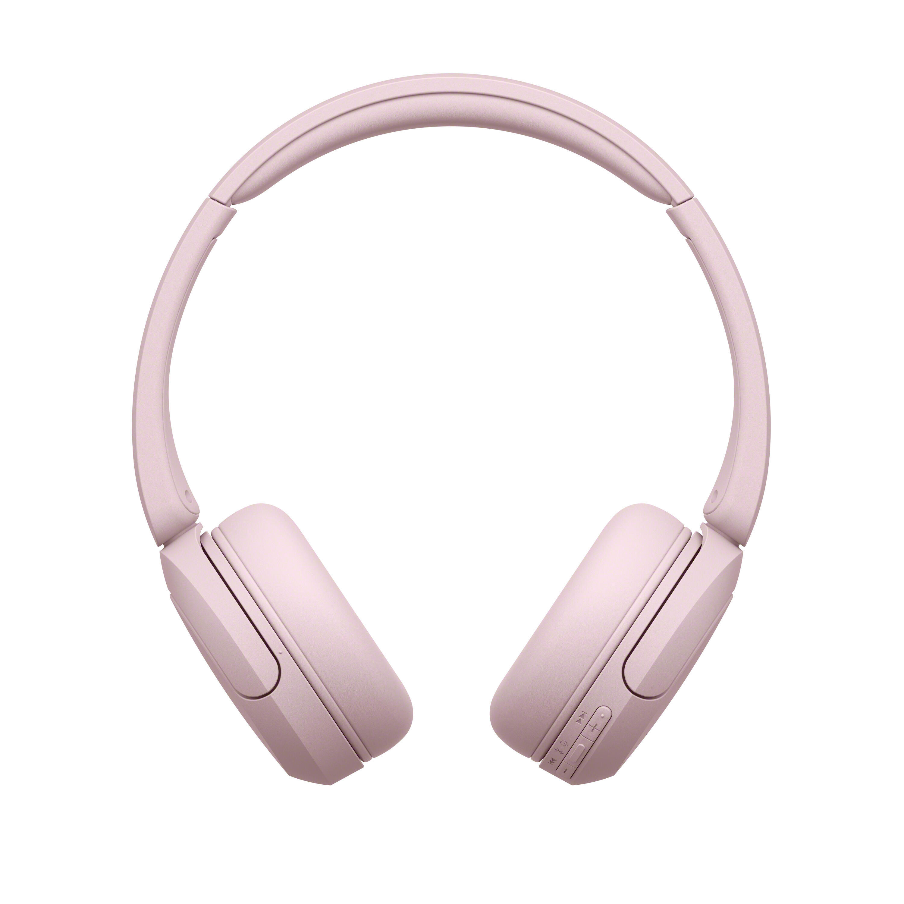 Auriculares inalámbricos de diadema en color rosa con controles en la orejera derecha sobre fondo blanco.