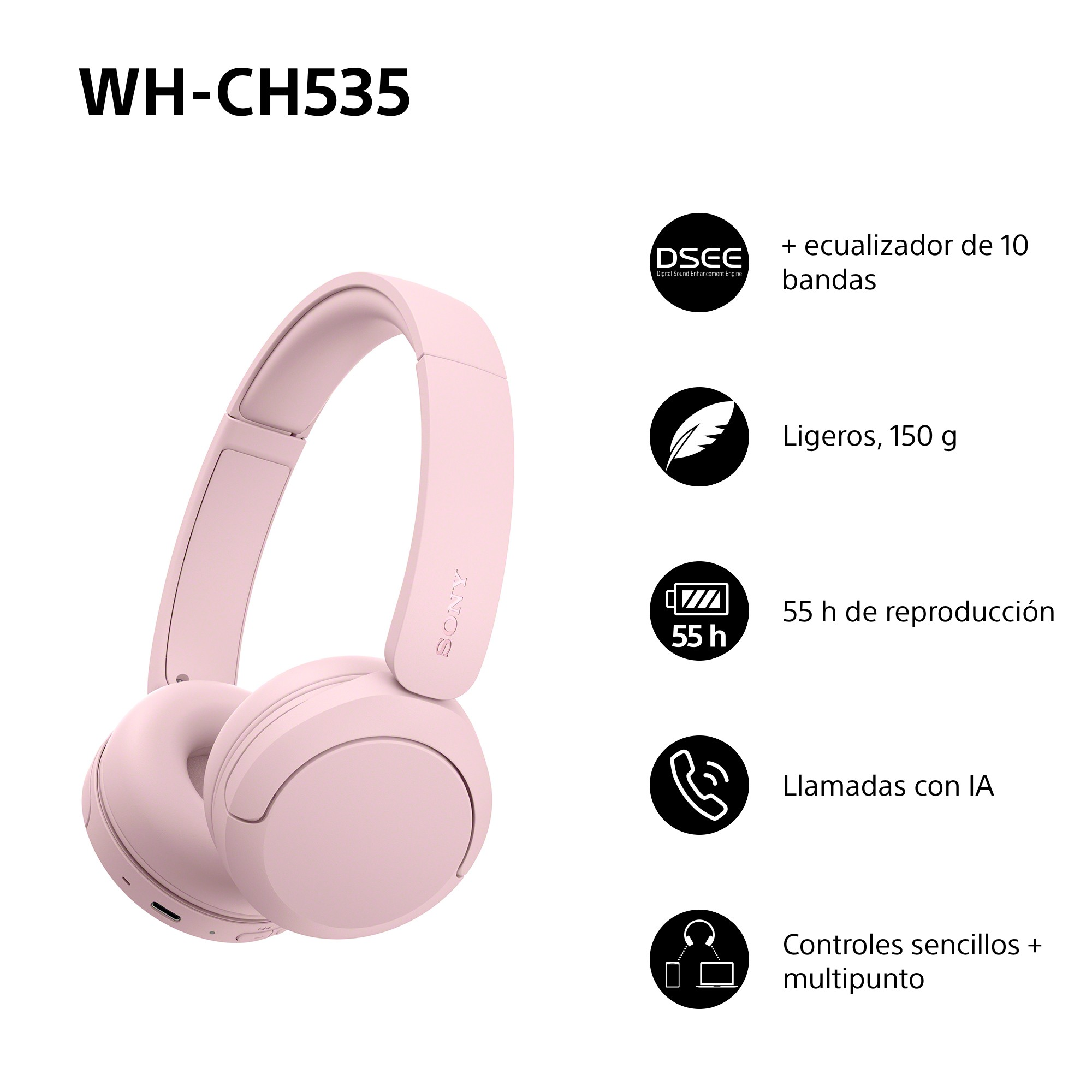 Auriculares rosa Sony WH-CH535 con 55h de batería, ligeros y llamadas con IA.