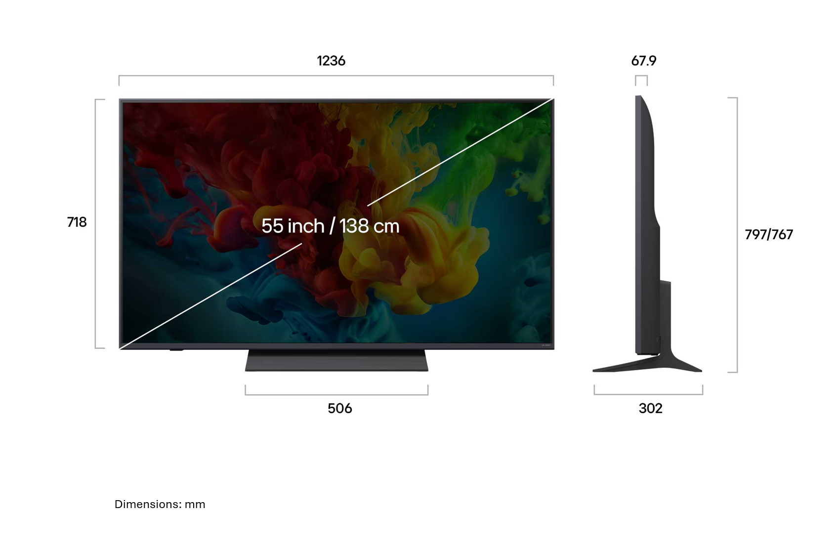 A diagram egy 55 hüvelykes tévé méreteit mutatja milliméterben elöl- és oldalnézetből.