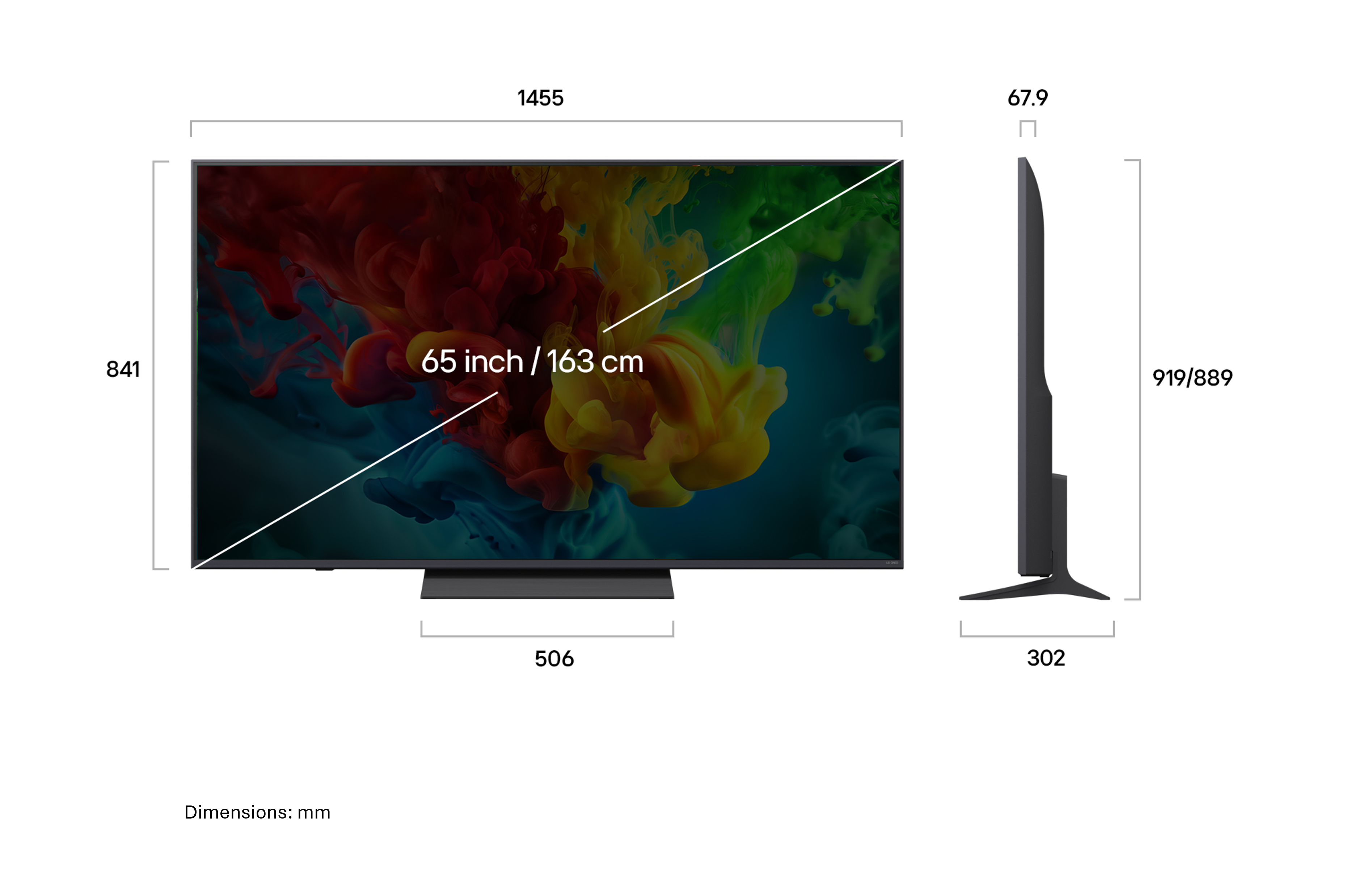 Egy 65 hüvelykes tévé méreteit bemutató diagram elülső és oldalsó nézetben, milliméterben.