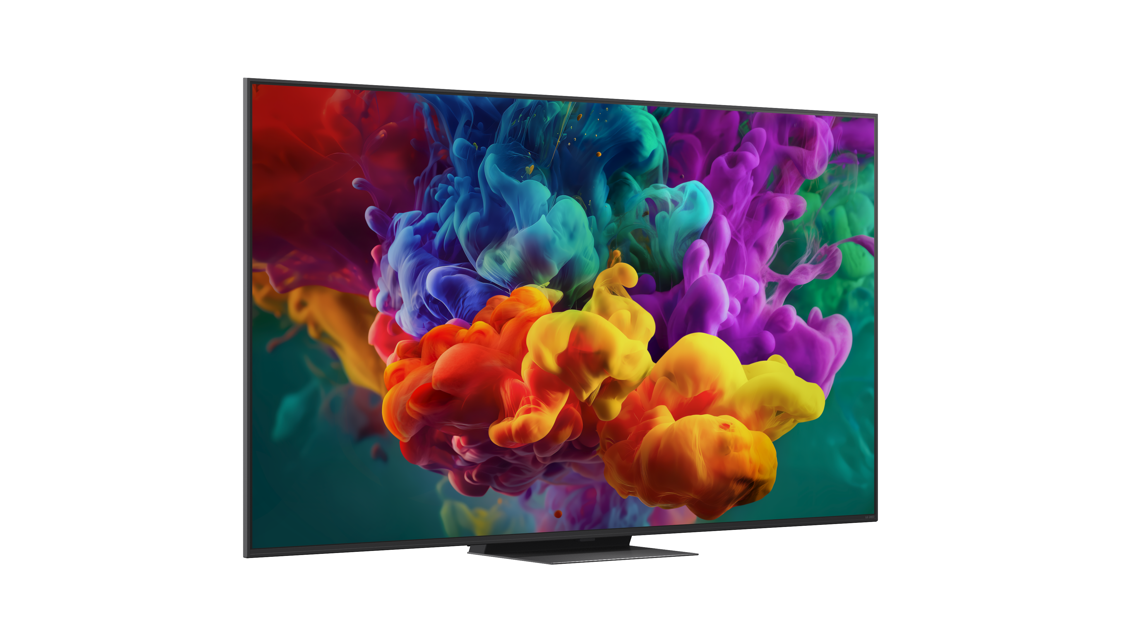 A modern TV képernyő élénk, színes elvont tintafelhőket mutat.