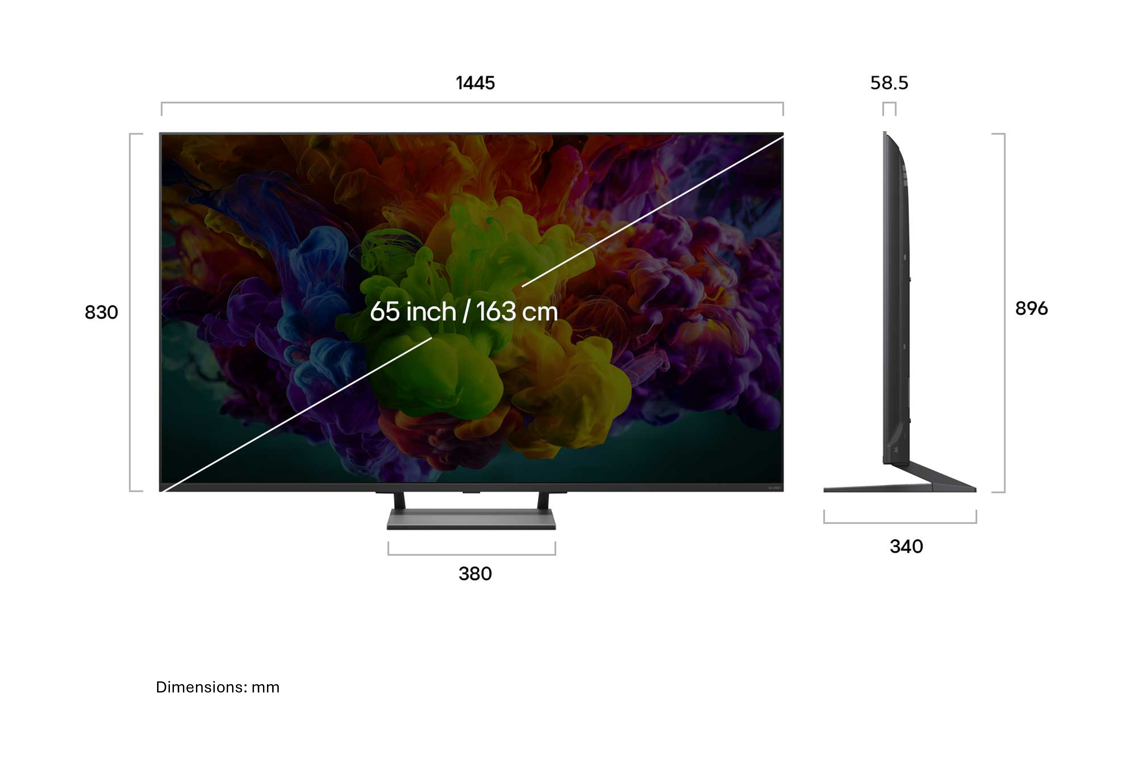 Technikai rajz egy 65 hüvelykes televízió elülső és oldalsó méreteiről milliméterben.