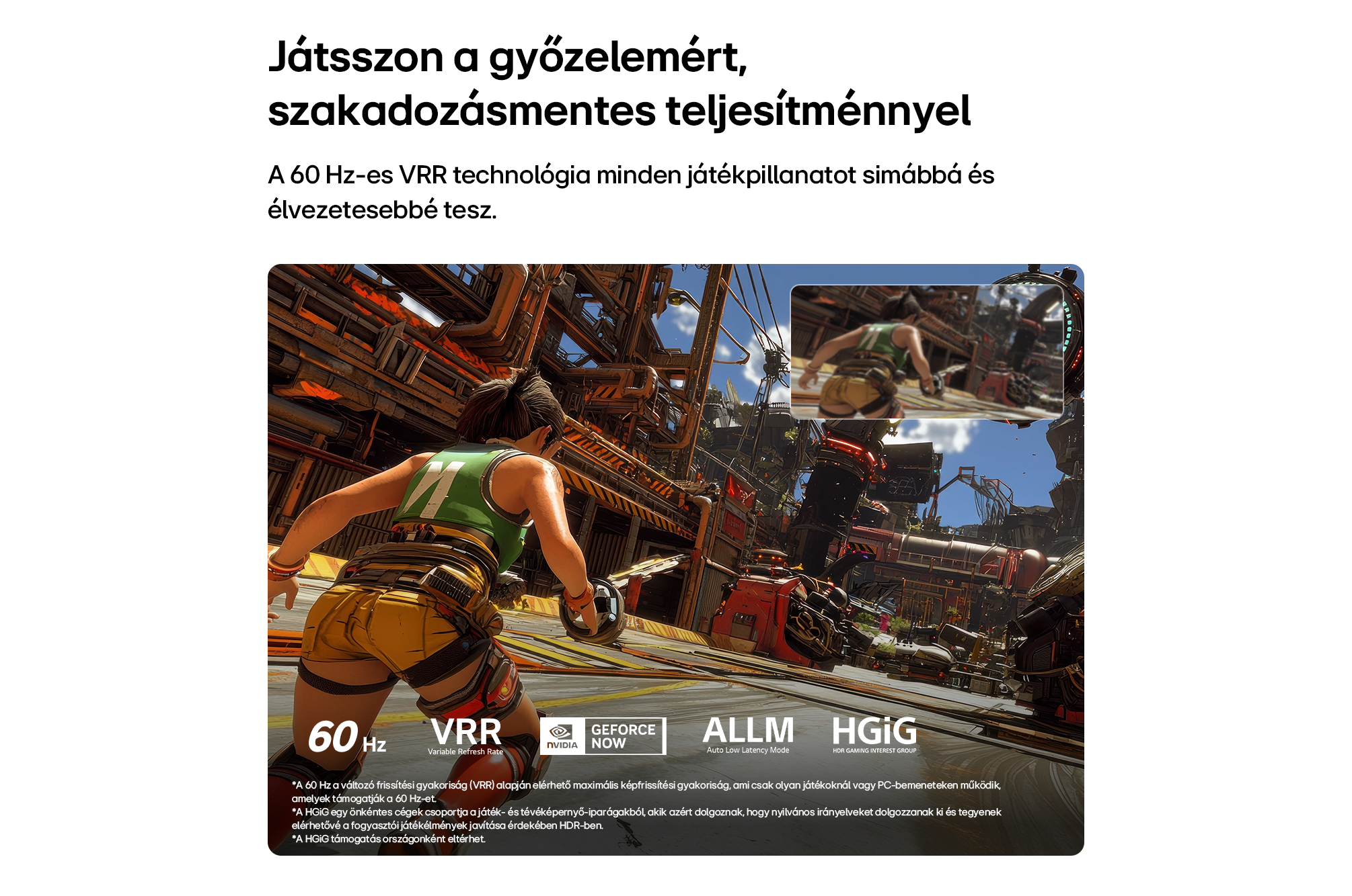 Jelenet egy ipari környezetben futó karakterrel, kiemelve a 60 Hz VRR és a GeForce Now technológiát.