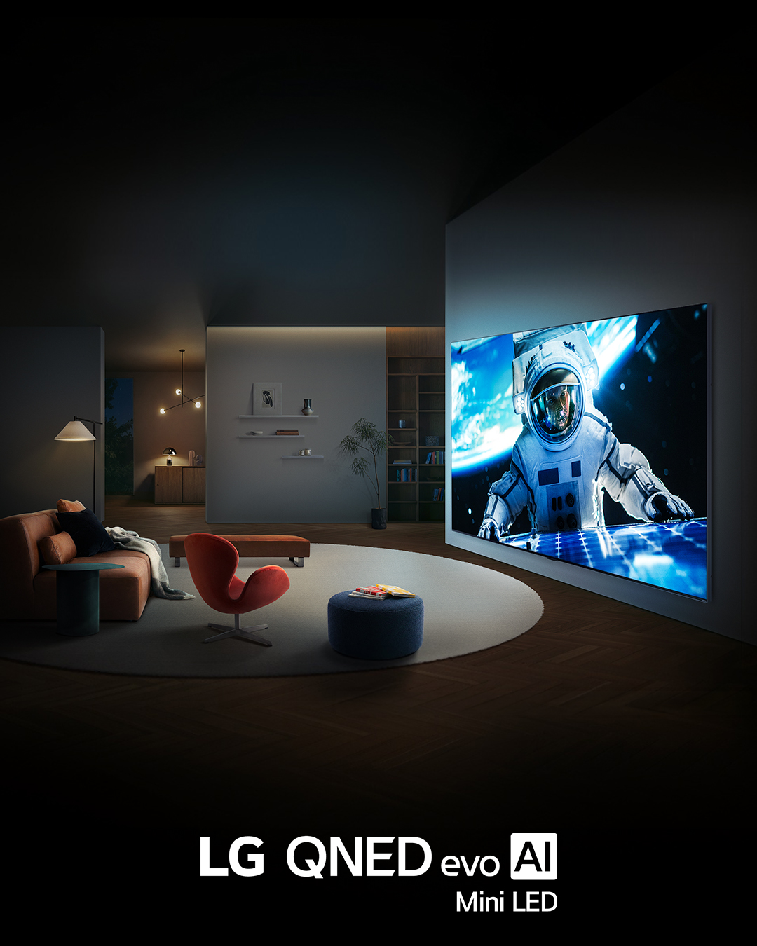 Egy nagy LG QNED TV egy űrhajóst mutat az űrben egy modern nappaliban.