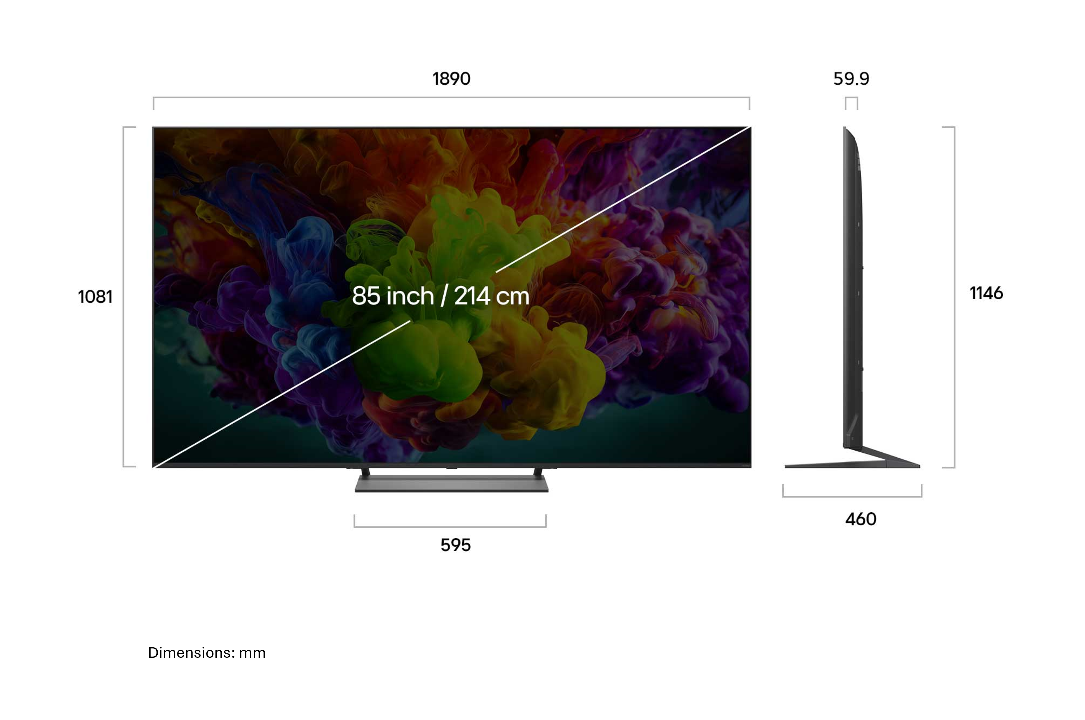 Egy 85 hüvelykes síkképernyős TV műszaki rajza, amely milliméterben mutatja a méreteket.