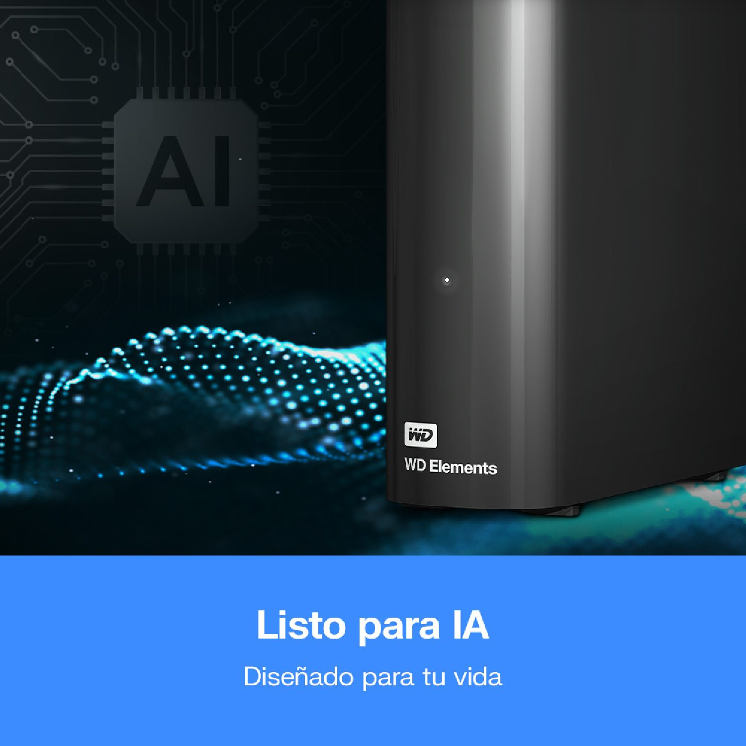 Disco duro negro WD Elements sobre fondo azul con texto AI y una onda.