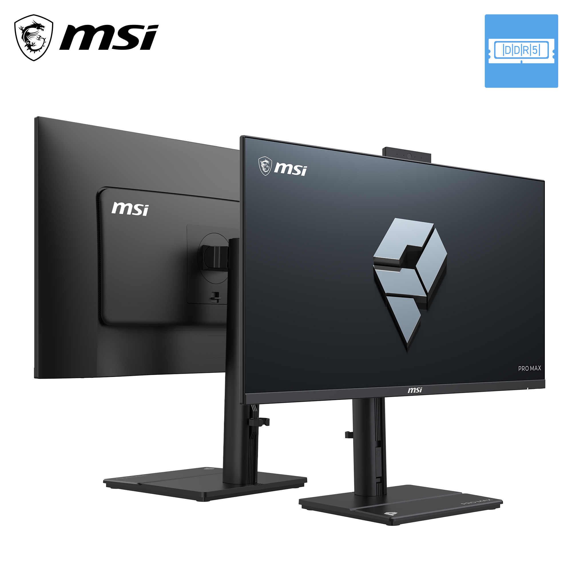 Zwei schwarze MSI Pro Max Monitore von vorne und hinten auf weißem Grund mit MSI- und DDR5-Logos.