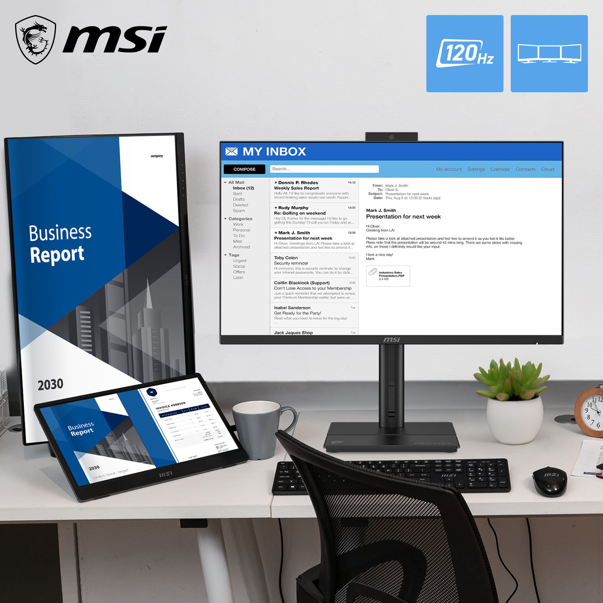 MSI-Arbeitsplatz mit zwei Monitoren, einem Tablet, Tastatur, Maus, Kaffeetasse und einer Pflanze.