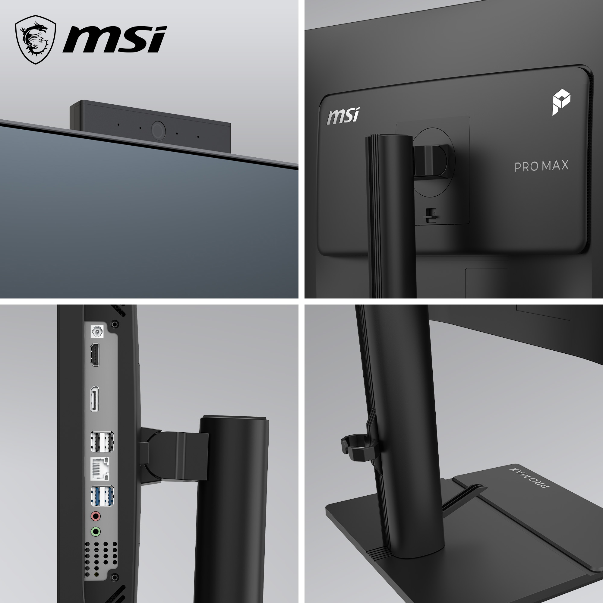 Vier Ansichten eines schwarzen MSI Pro Max Monitors mit Webcam, Anschlüssen und Ständer.
