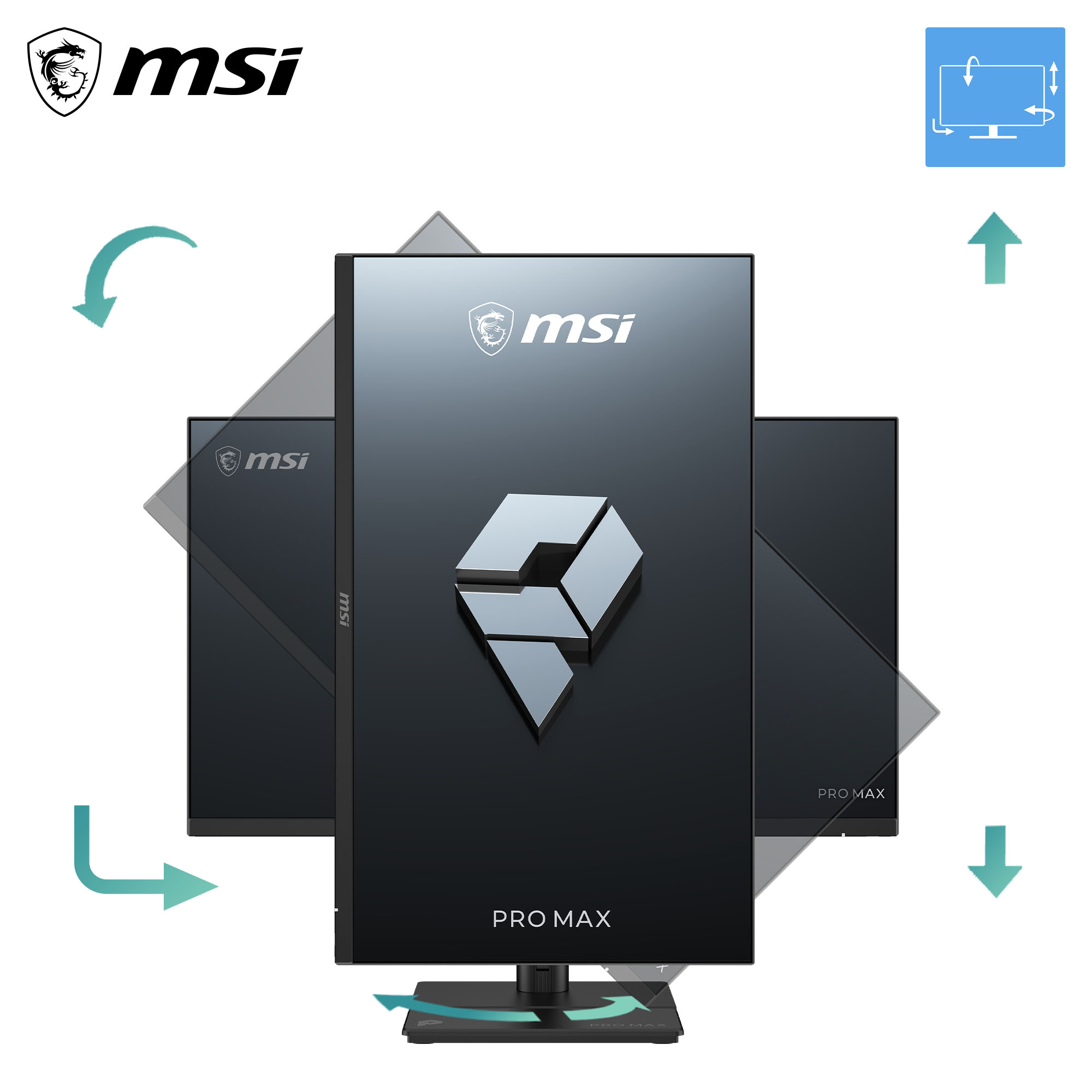 MSI Pro Max Monitor mit drehbarem Bildschirm und Logo.