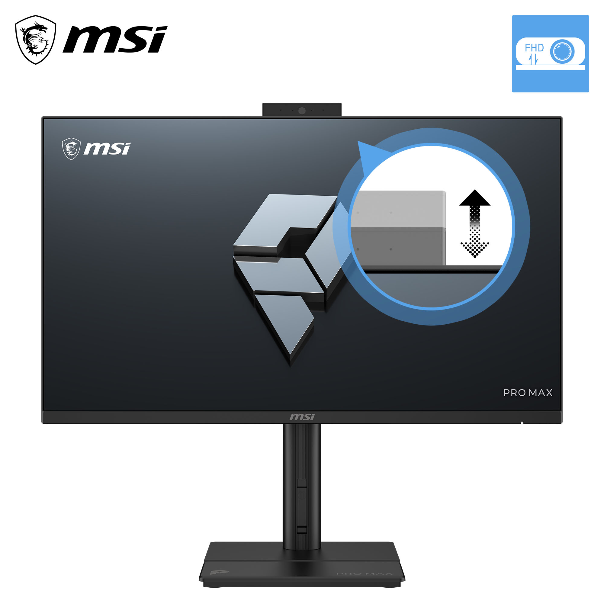 MSI Pro Max Monitor mit verstellbarem Standfuß, integrierter Webcam und grafischer Höhendarstellung.