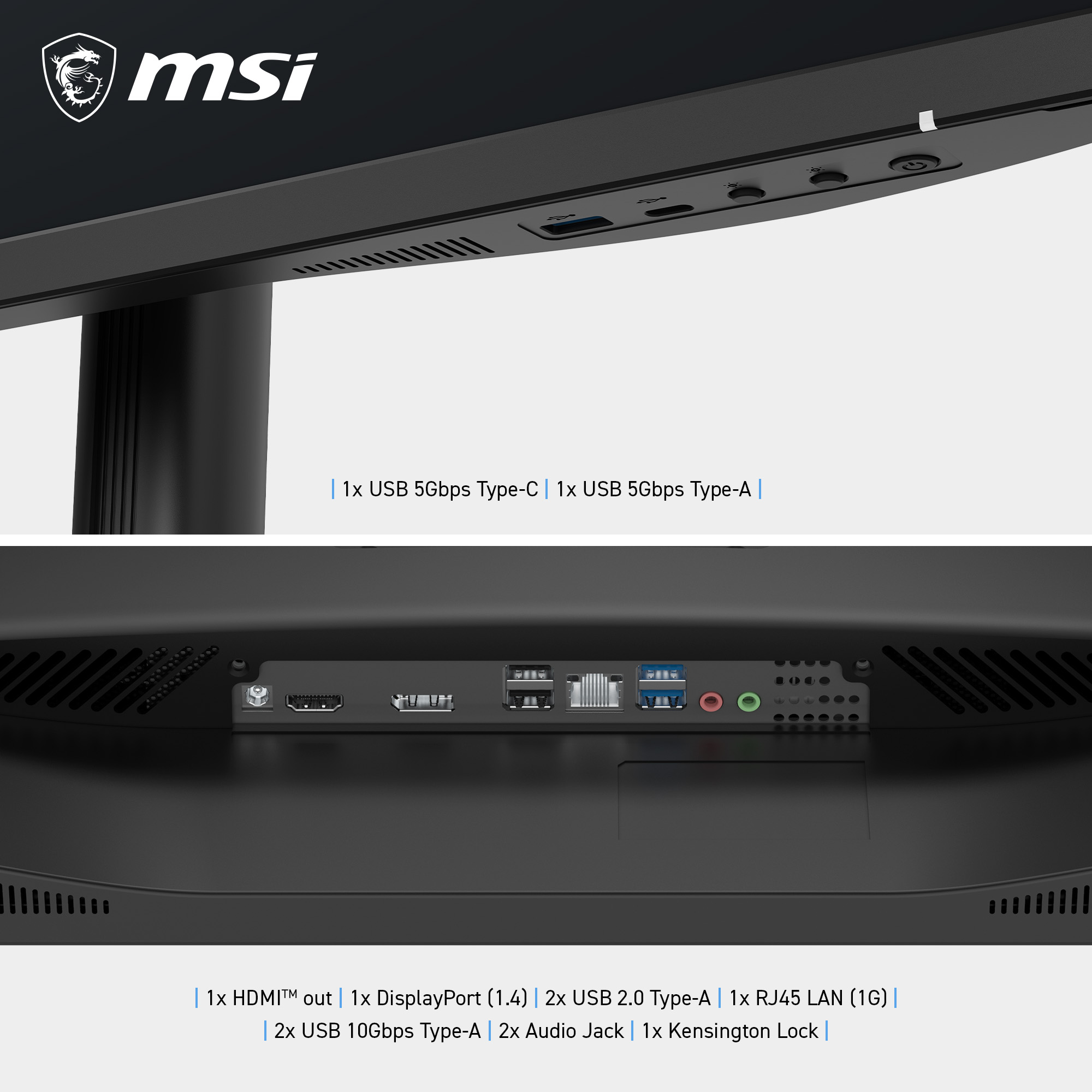 Rück- und Unteransicht der MSI-Monitoranschlüsse mit USB-, HDMI-, DisplayPort- und Audio-Ports.