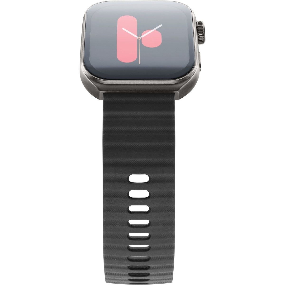 Eine graue Smartwatch mit schwarzem, perforiertem Armband und farbigem Zifferblatt auf weißem Hintergrund.