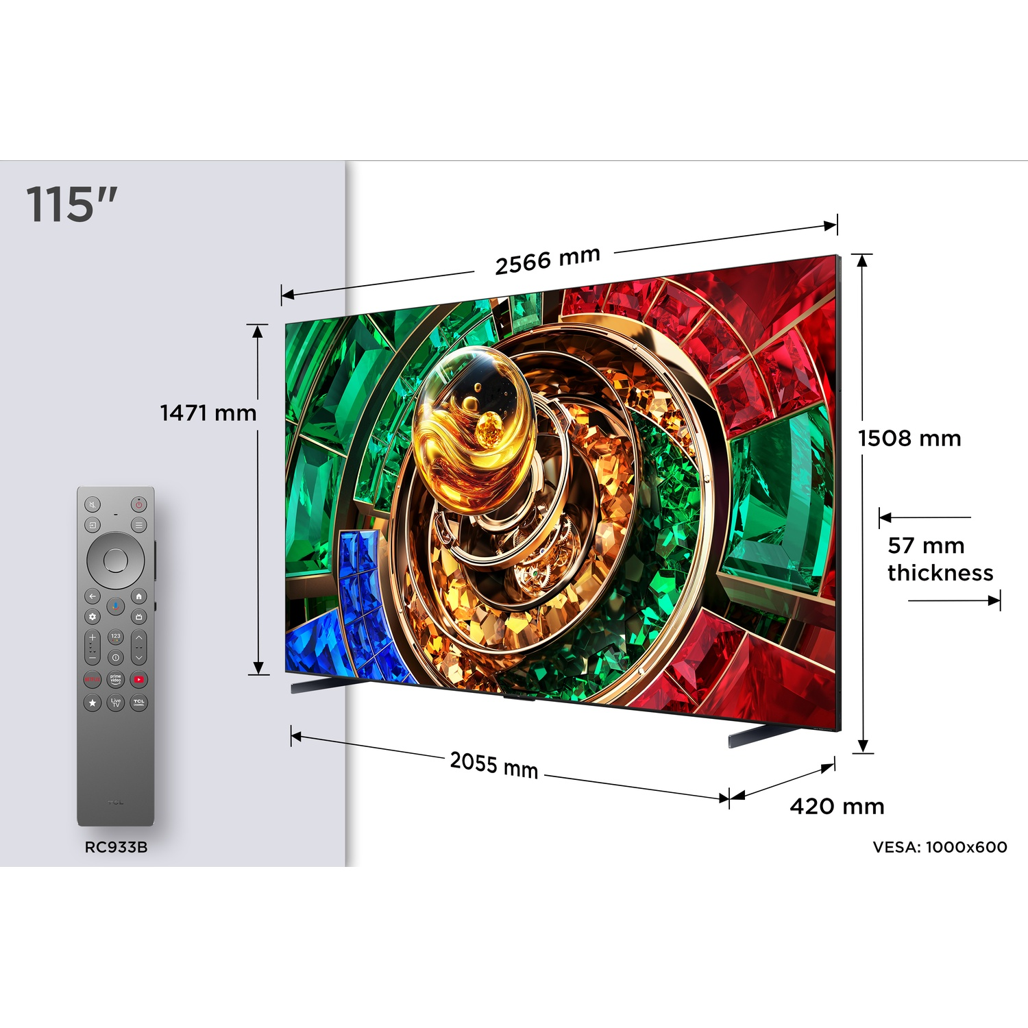 Diagramma che mostra una TV da 115 pollici con dimensioni, spessore e telecomando.