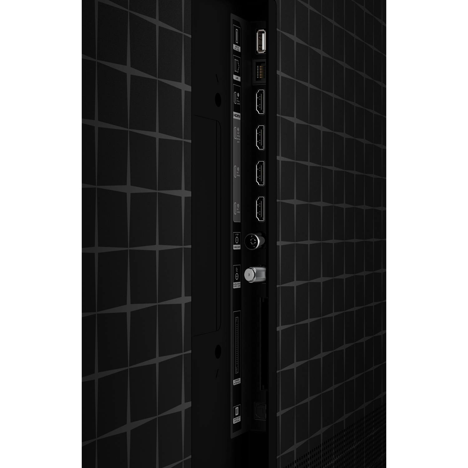 Retro di un televisore nero con porte verticali, tra cui USB, LAN, HDMI e jack per antenna.
