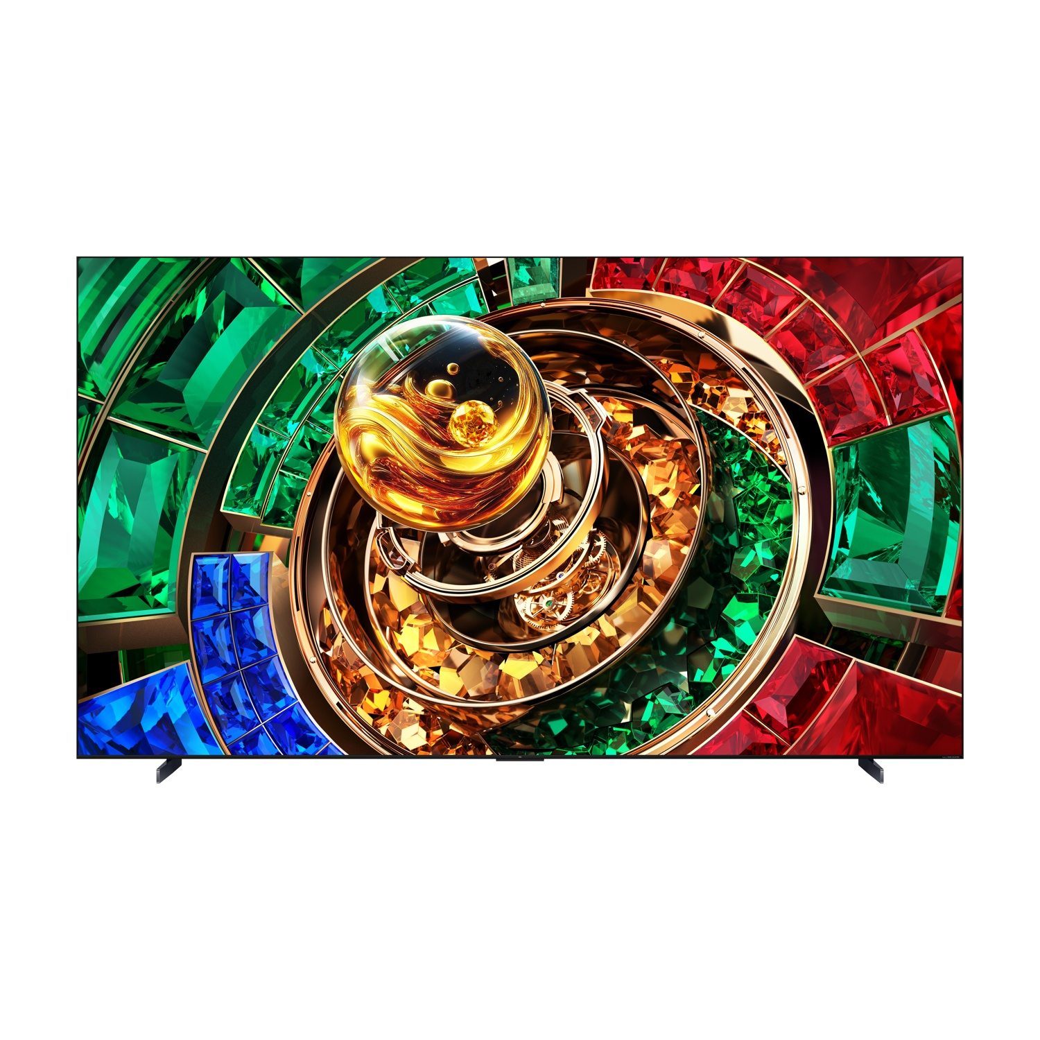 Una TV moderna mostra un'immagine astratta colorata con sfere dorate, motivi geometrici e gemme.